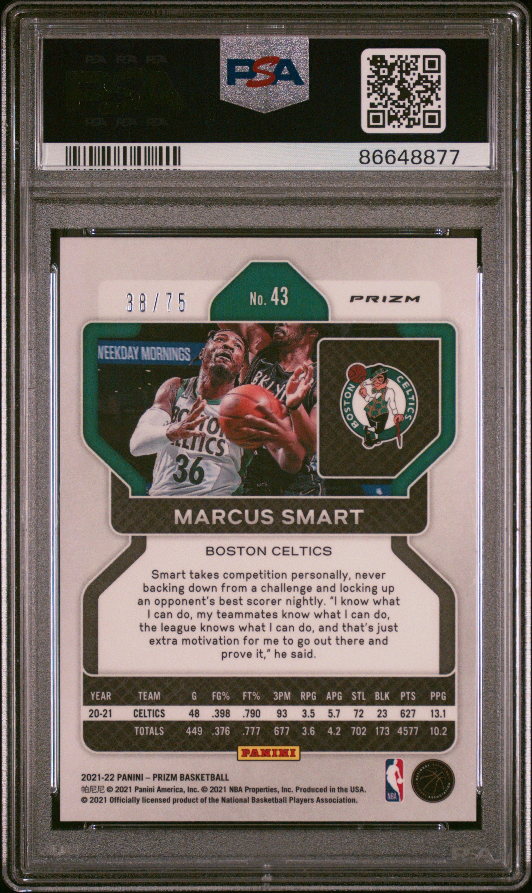 2021 Panini Prizm Marcus Smart #43 NBA 75th Diamond PSA 9