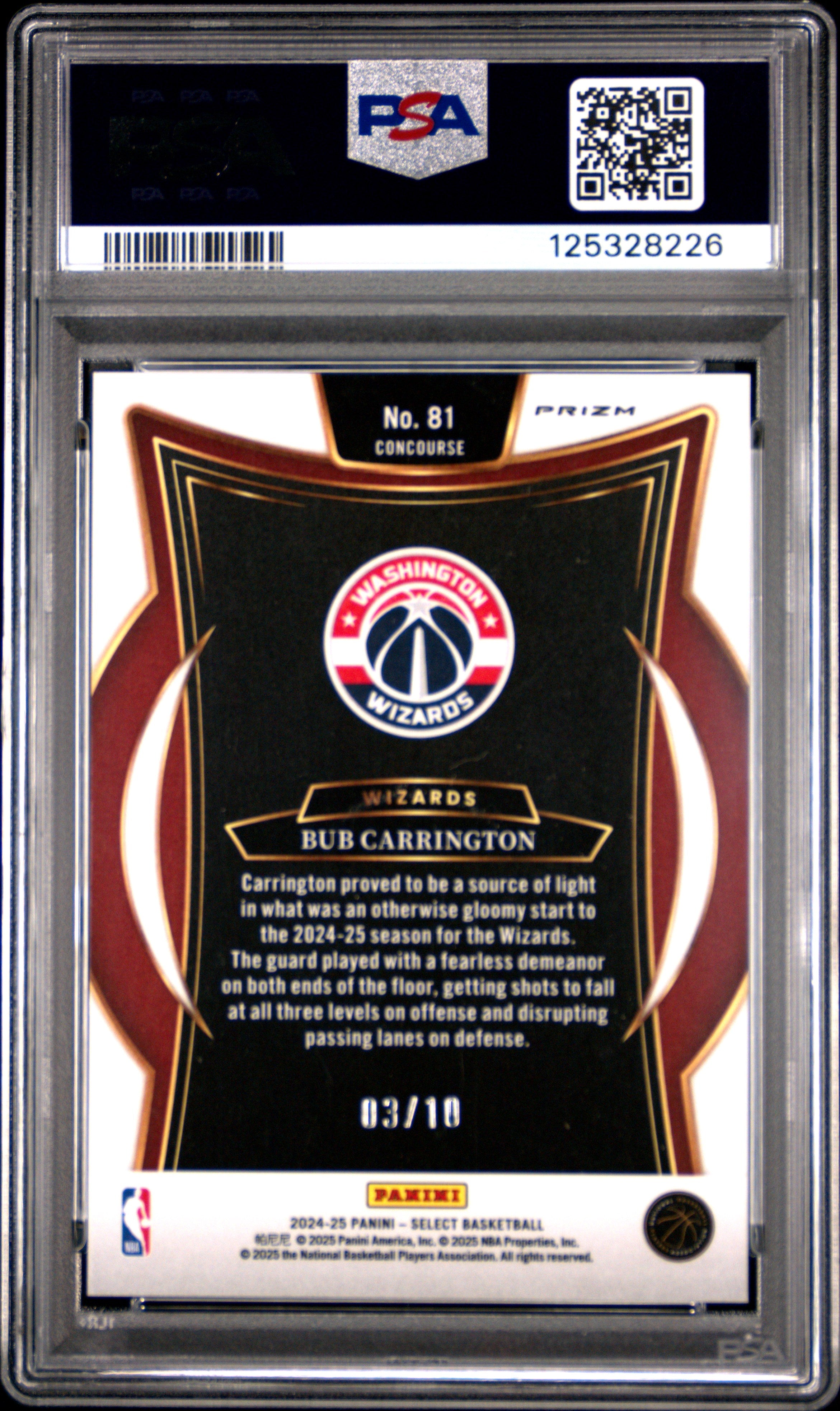 2024 Panini Select Bub Carrington #81 Gold Flash Prizm RC PSA 8