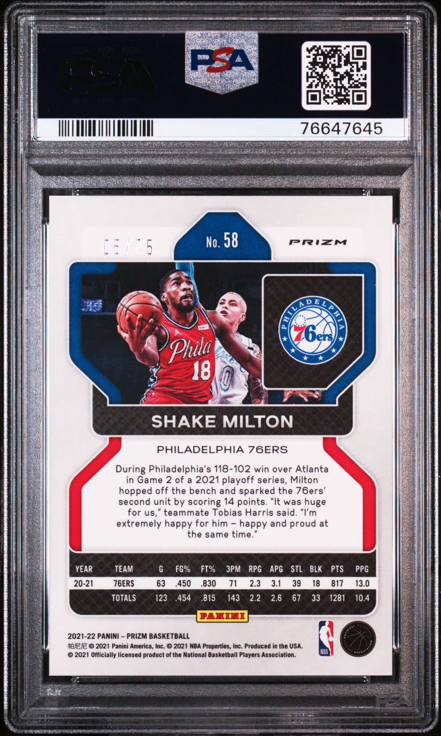 2021 Panini Prizm Shake Milton #58 NBA 75th Diamond PSA 9