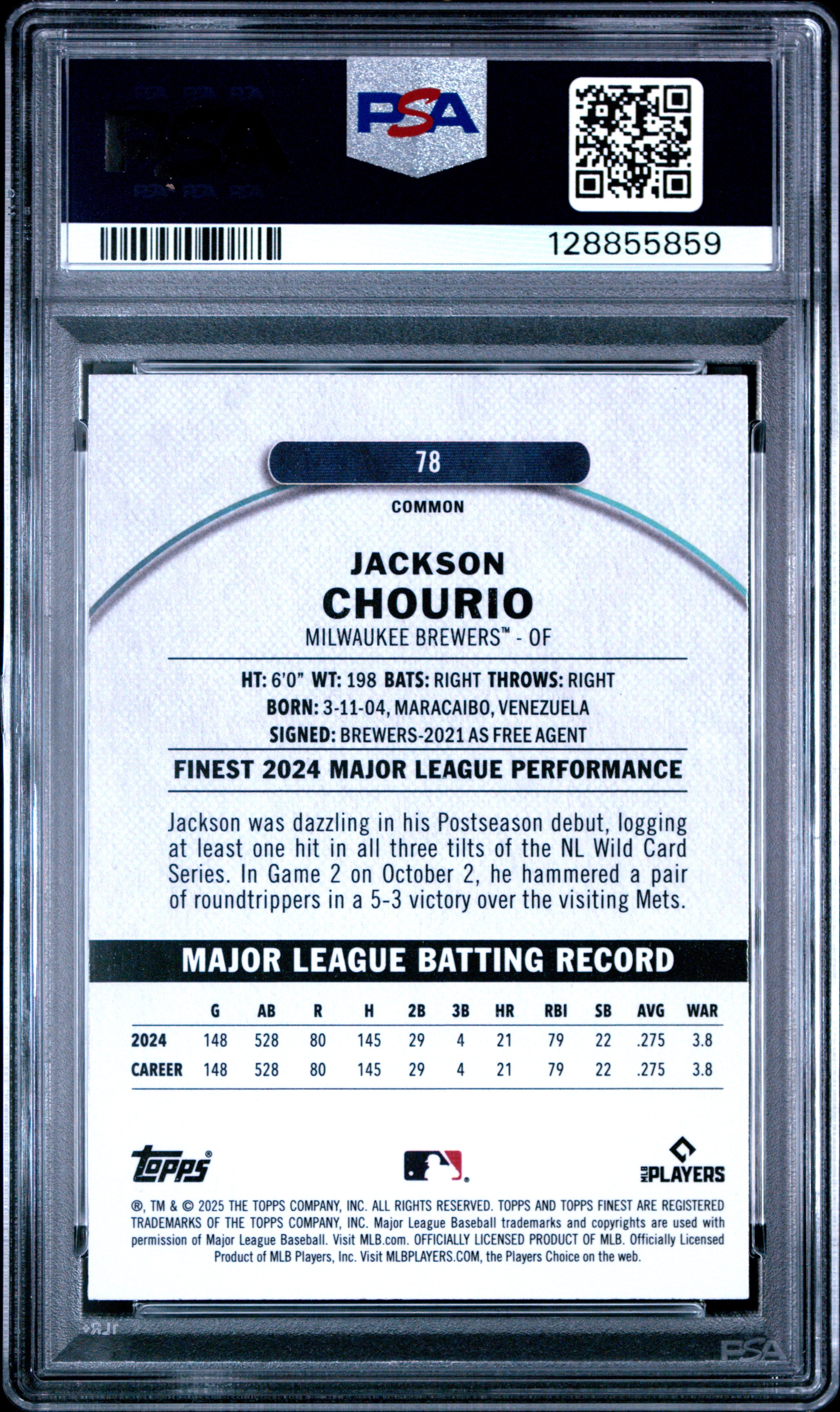 2025 Topps Finest Jackson Chourio #78 Sky Blue Refractor 270/325 PSA 10