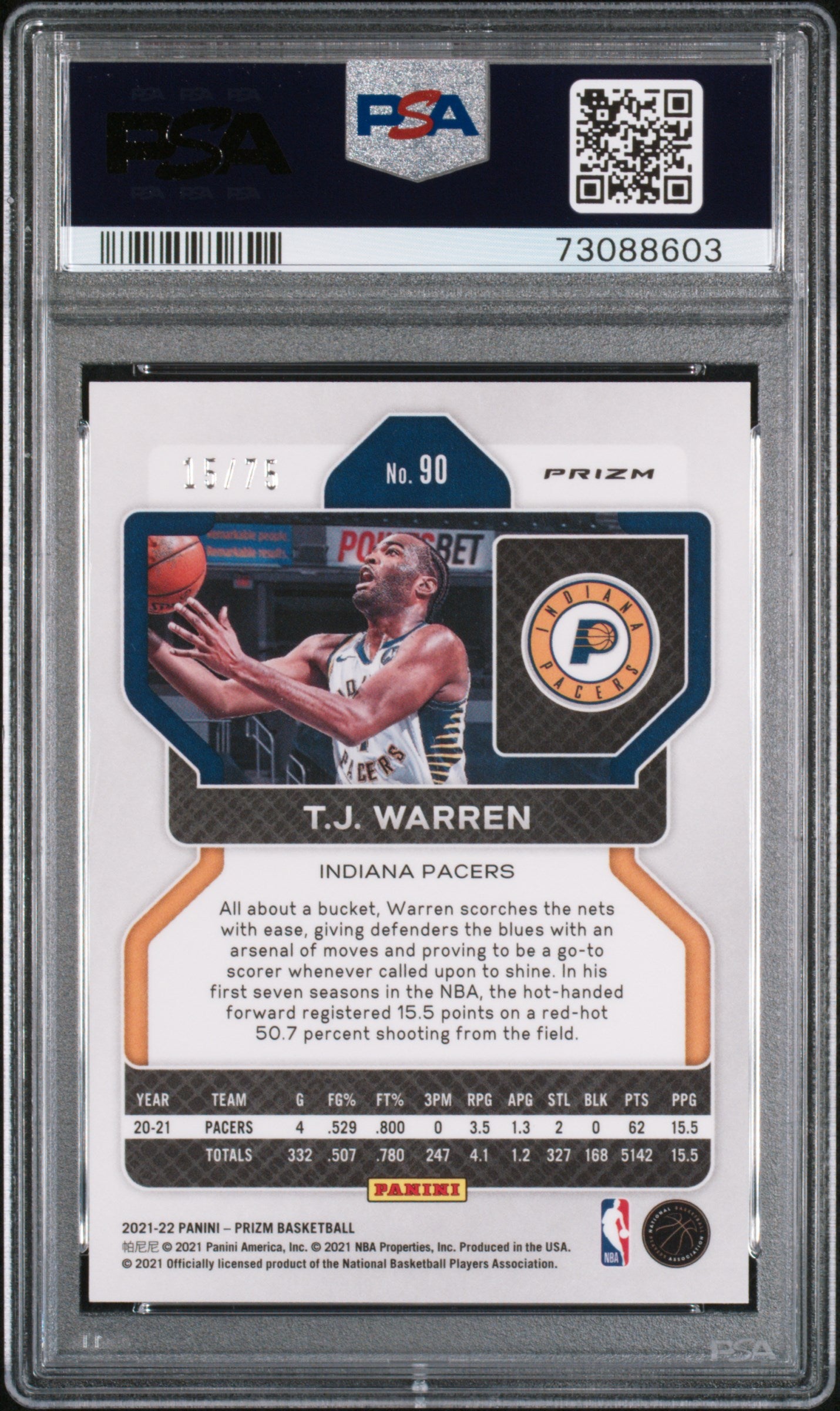 2021 Panini Prizm TJ Warren #90 NBA 75th Diamond PSA 9