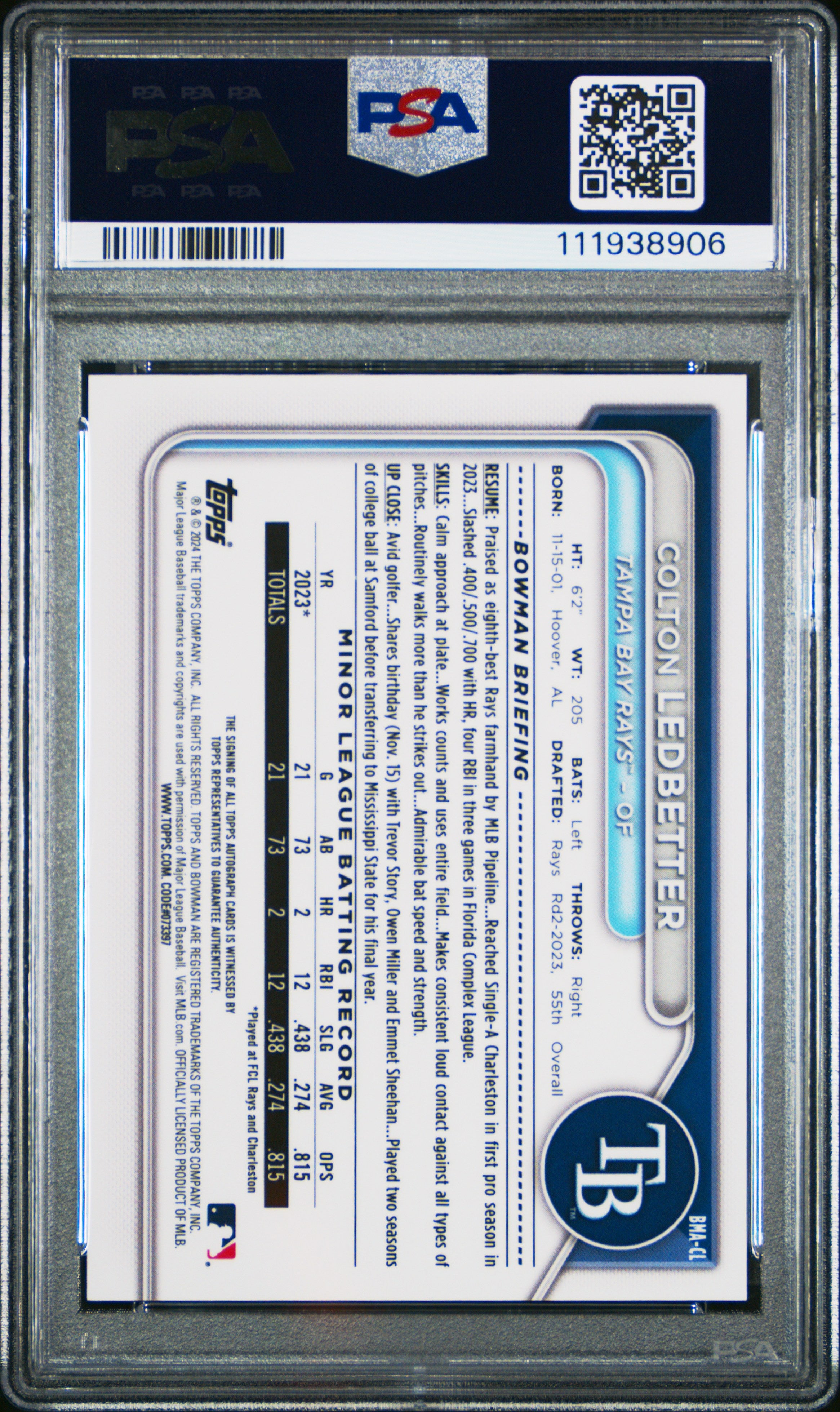 2024 Bowman Mega Box Chrome Prospect Auto Colton Ledbetter #CL Purple/199 PSA 10