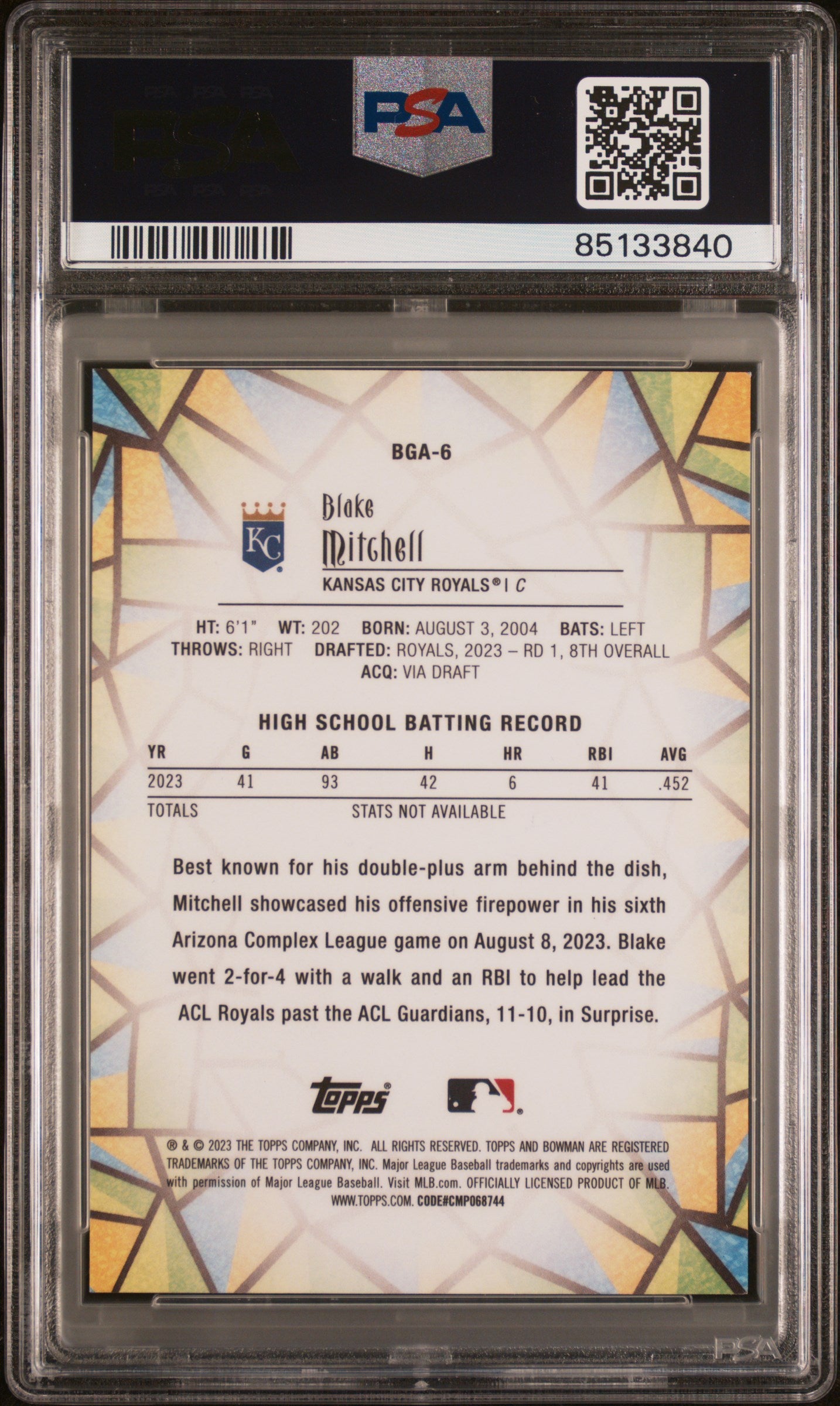 2023 Bowman Draft Glass Blake Mitchell PSA 9 RC