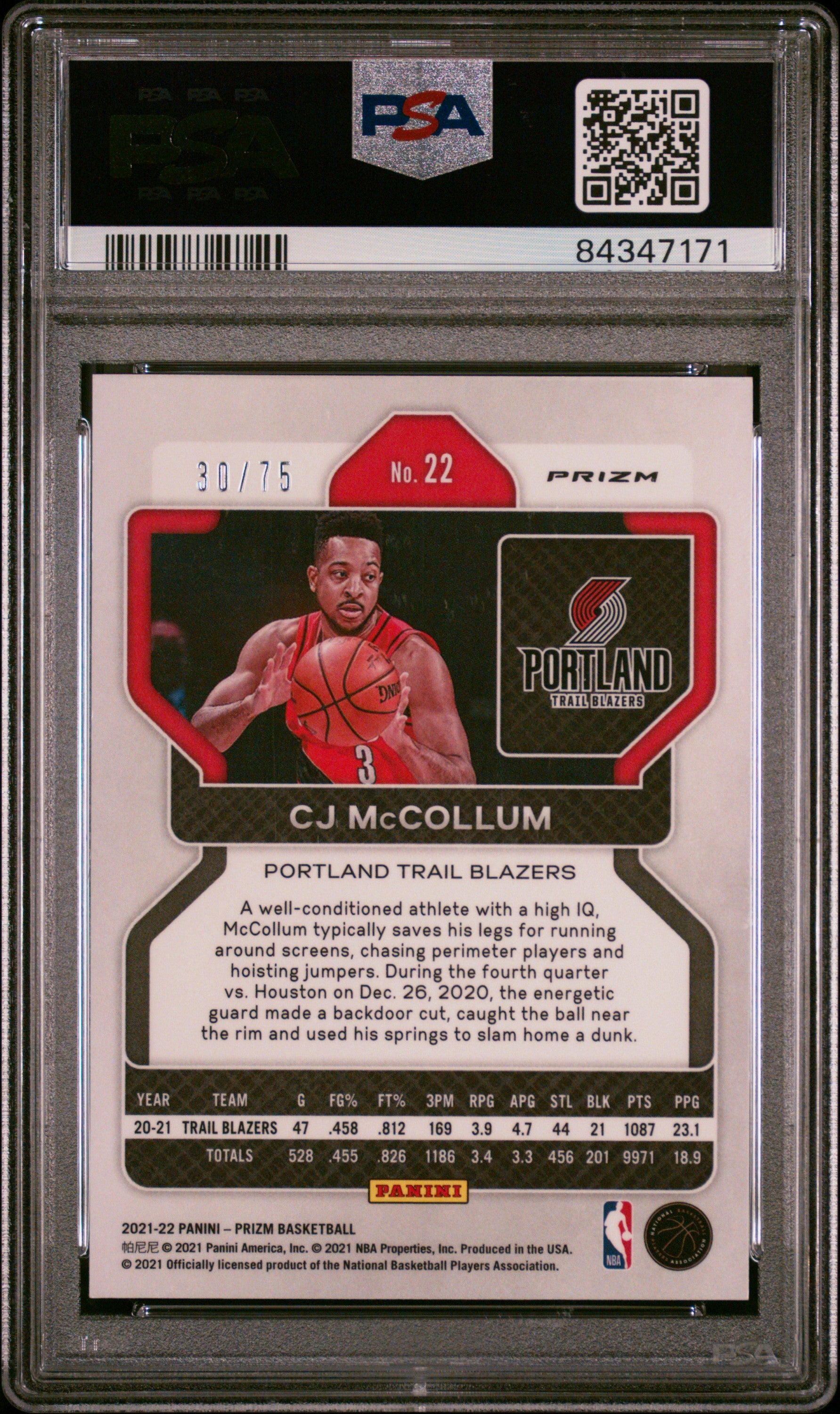 2021 Panini Prizm CJ McCollum #22 NBA 75th Diamond PSA 9
