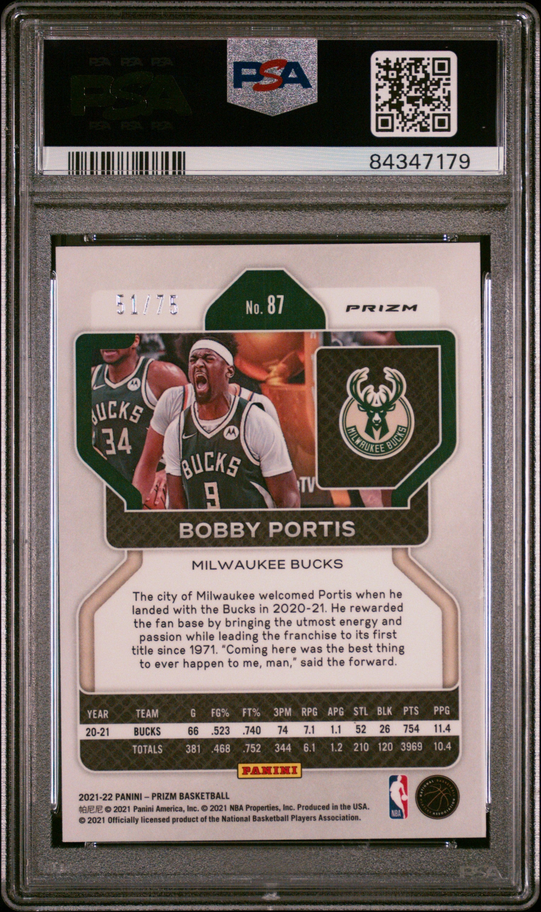 2021 Panini Prizm Bobby Portis #87 NBA 75th Diamond PSA 8