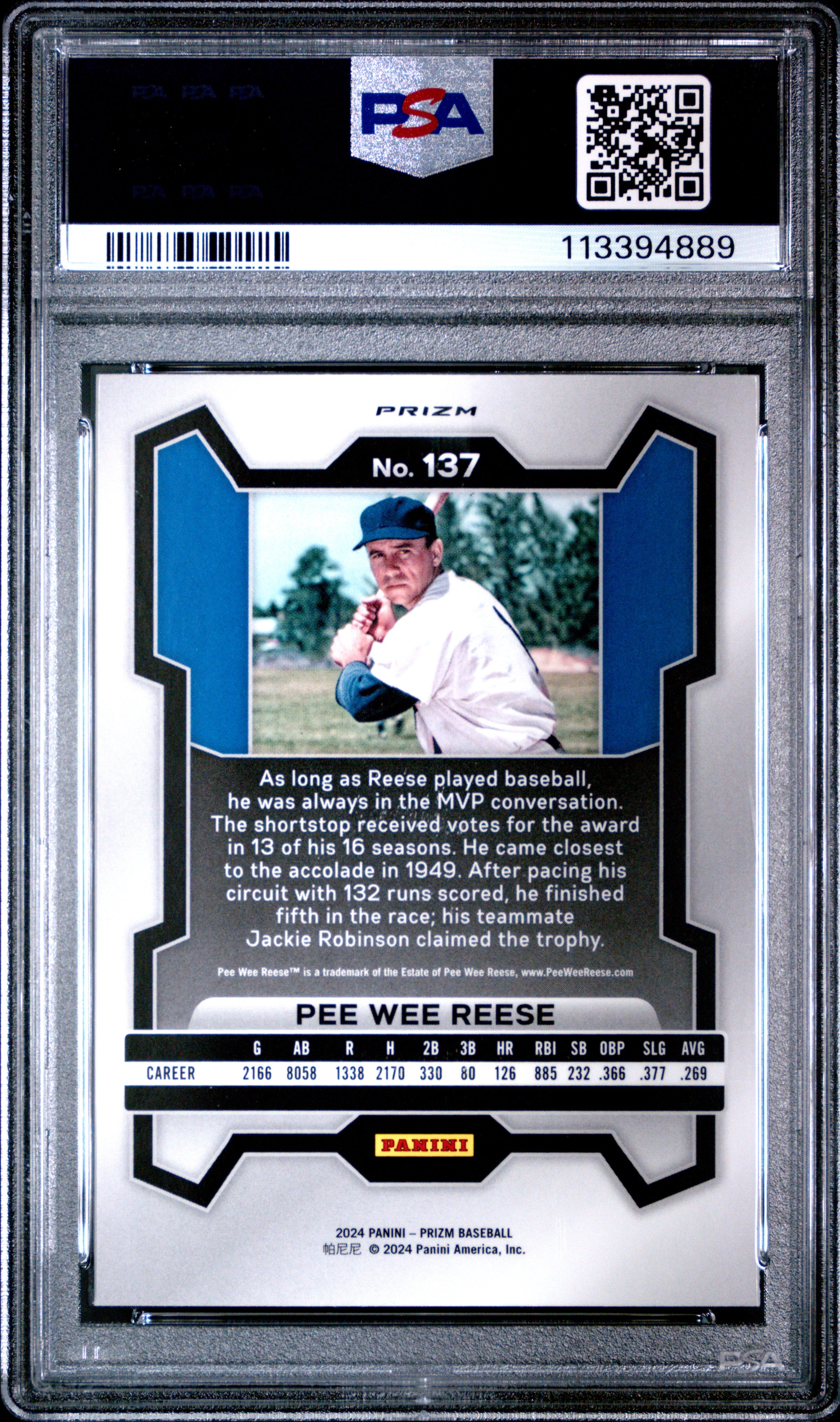 2024 Panini Prizm Pee Wee Reese #137 White Sparkle PSA 10