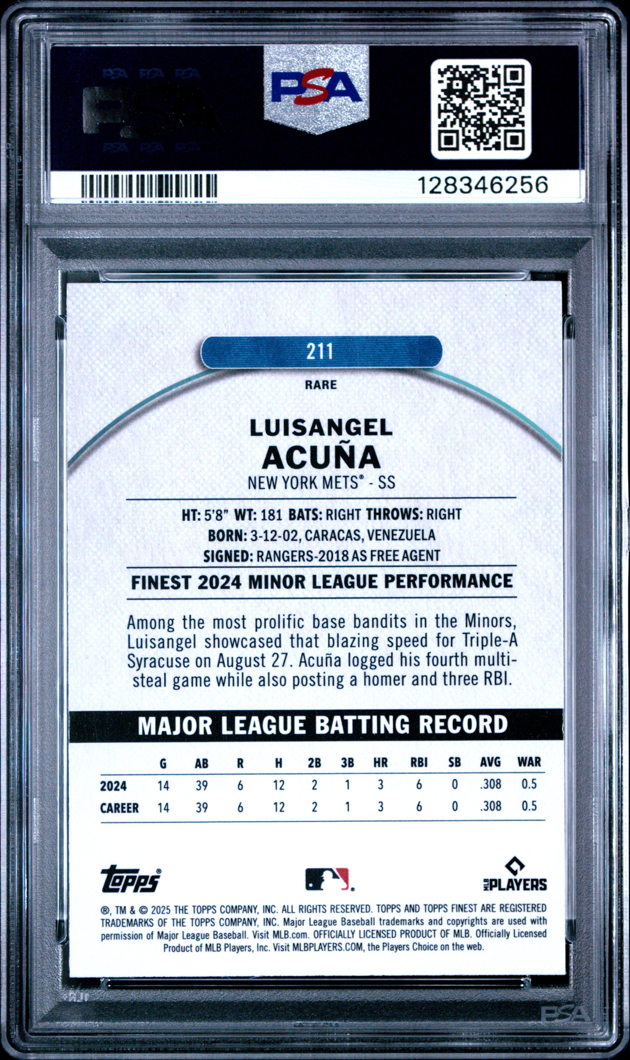 2025 Topps Finest Luisangel Acuna #211 Blue Refractor RC 13/99 PSA 10