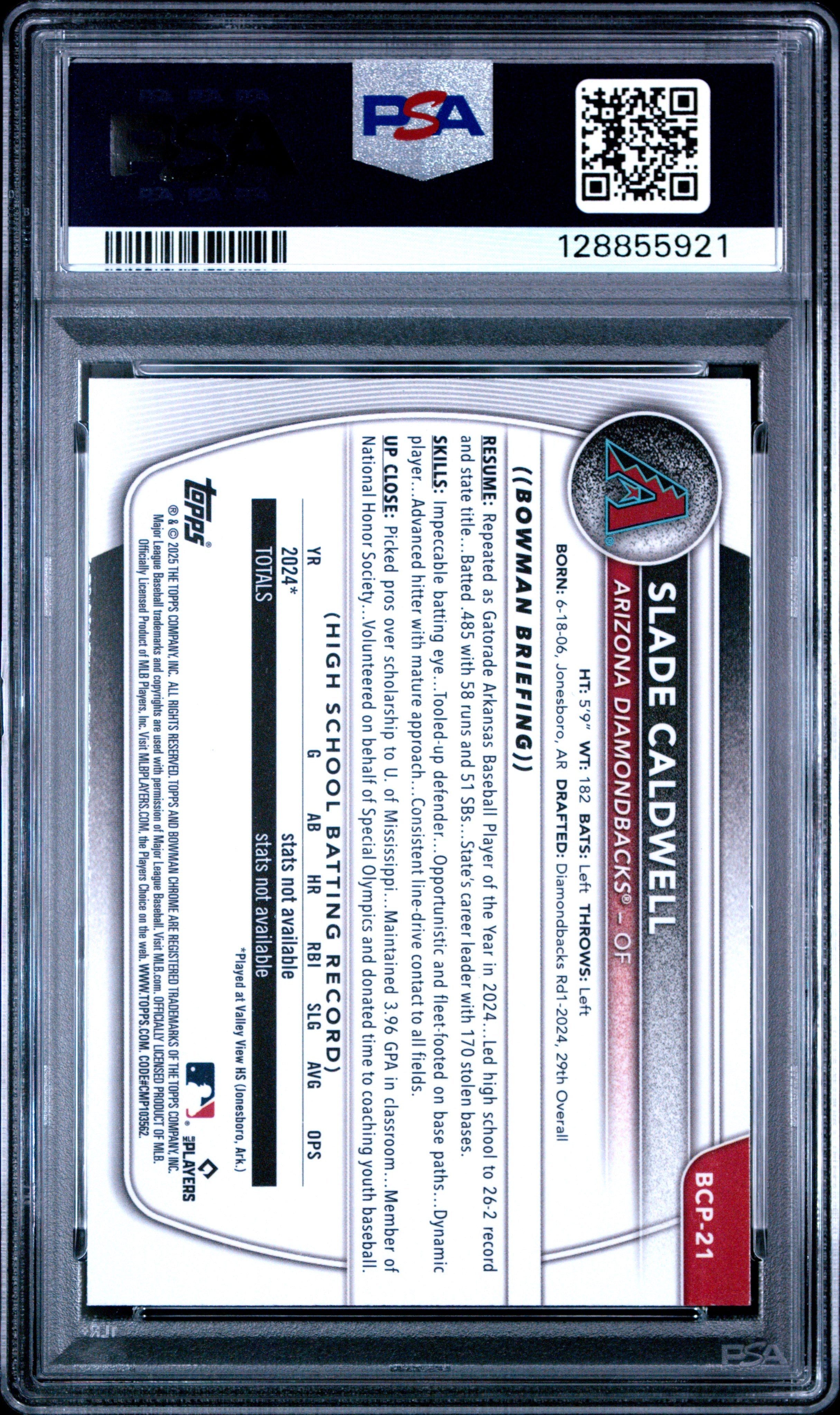 2025 Bowman Mega Box Chrome Prospects Slade Caldwell #21 Burgundy Ref /275 PSA 9