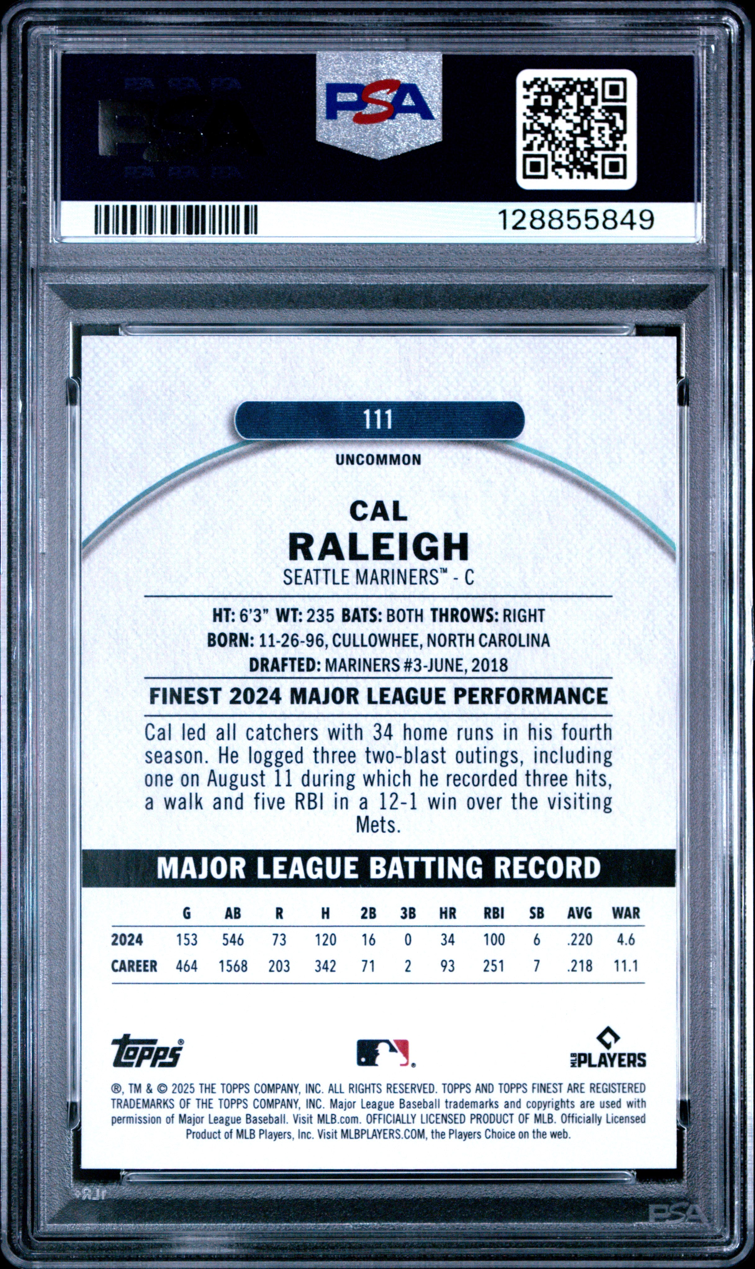 2025 Topps Finest Cal Raleigh #111 Purple Checkerboard /99 PSA 10