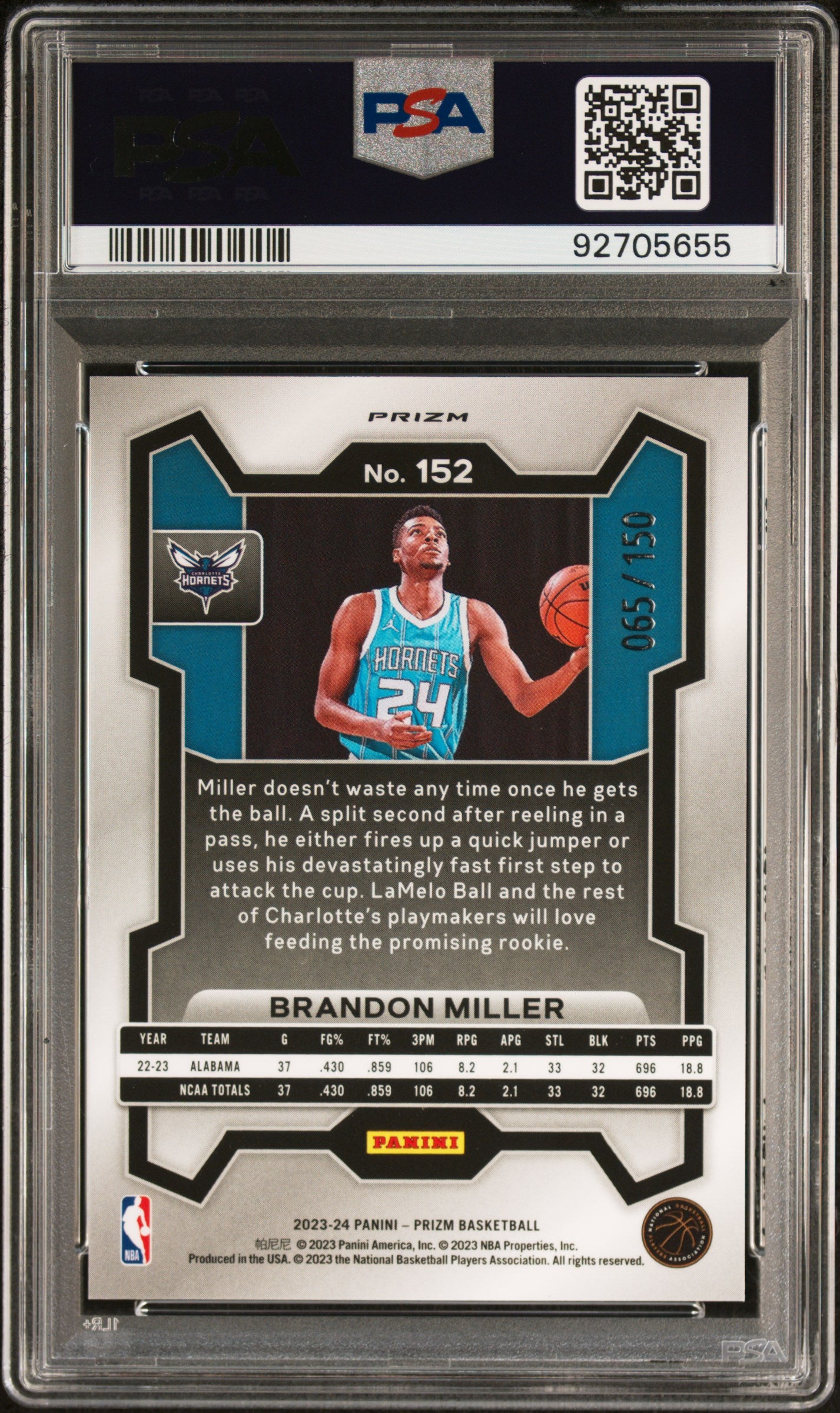 2023 Panini Prizm ROOKIE Brandon Miller #152 Blue Fast Break /150 RC PSA 10