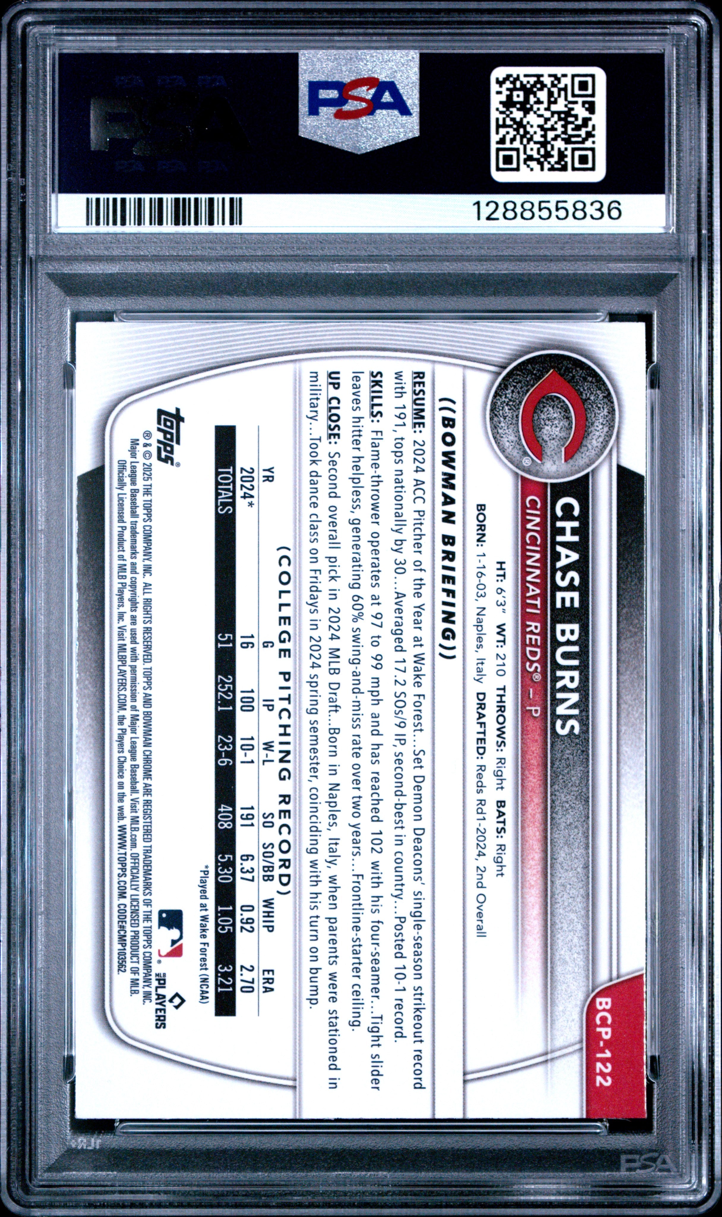 2025 Bowman Chrome Prospects Chase Burns #122 Blue Refractor 086/150 PSA 8