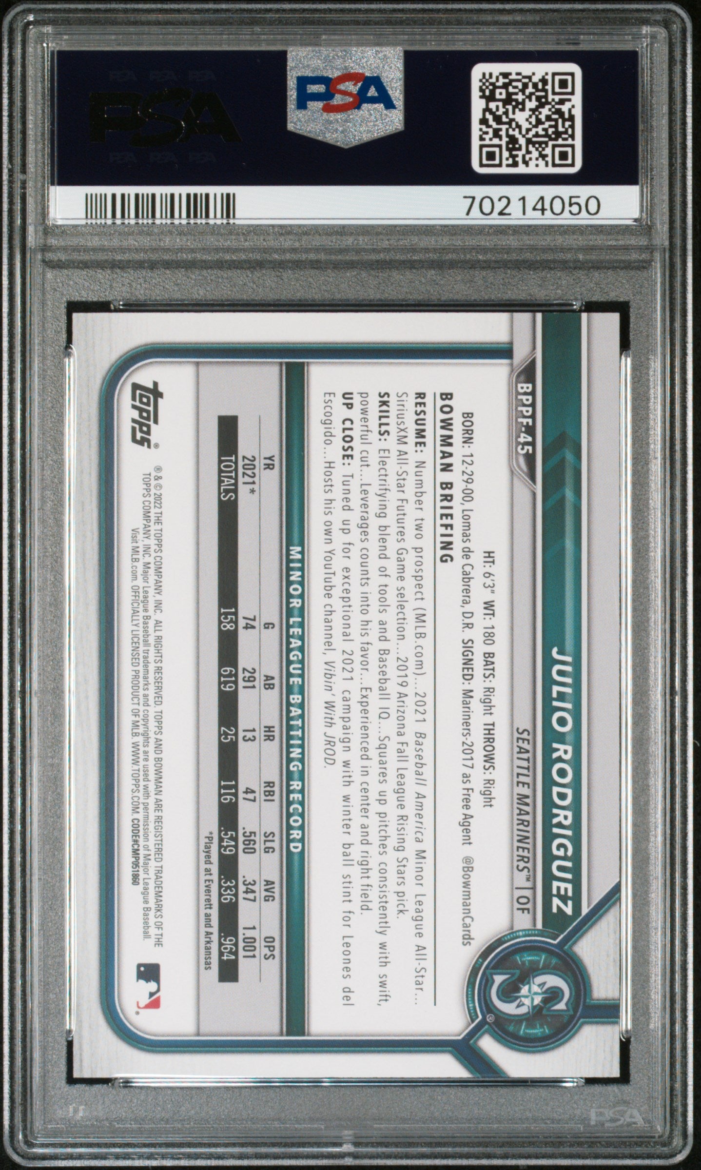 2022 Bowman 1st Edition Julio Rodriguez #BPPF45 Blue Foil 052/150 PSA 10 RC