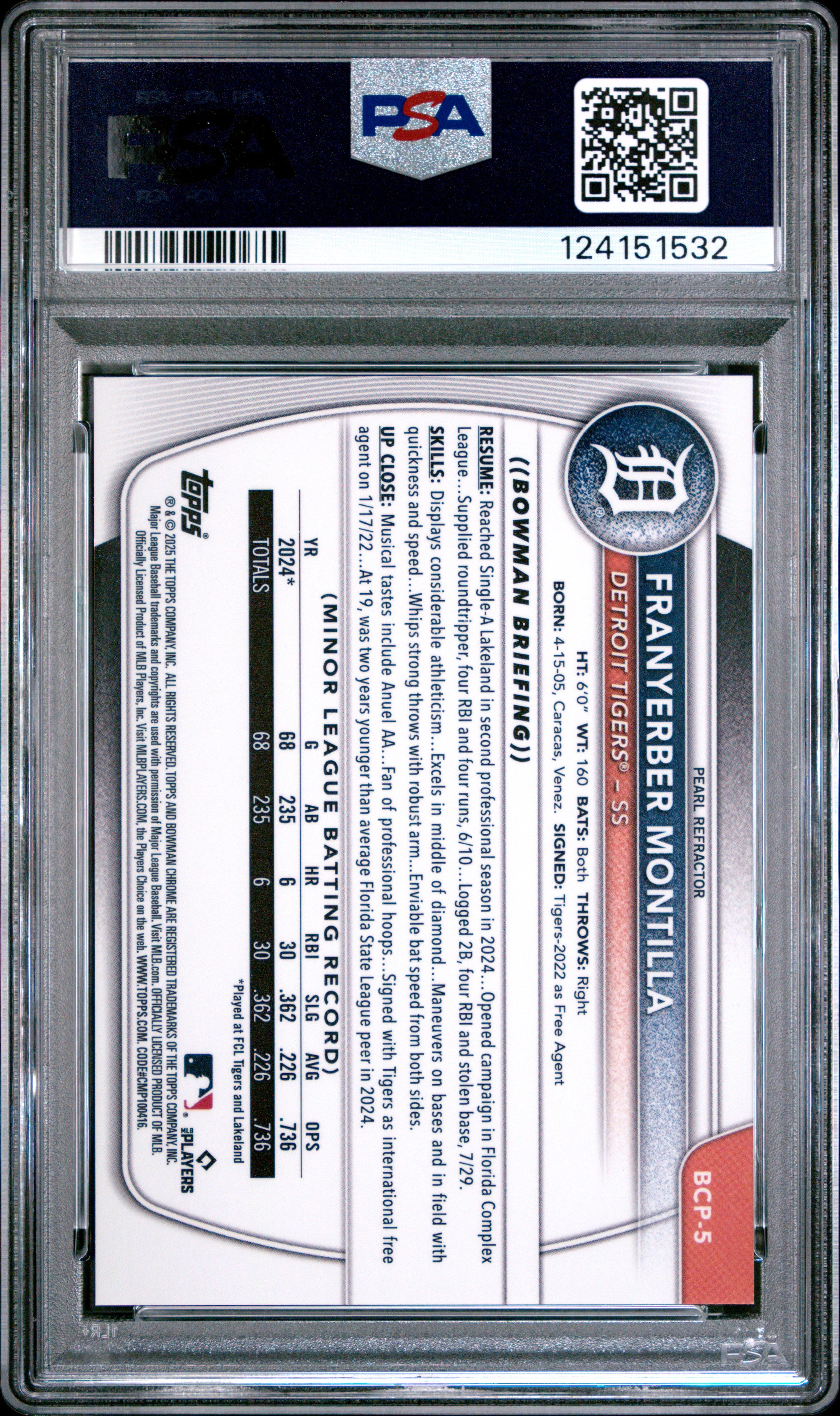 2025 Bowman Franyerber Montilla 1st Chrome Prospect Pearl Refractor PSA 10 RC