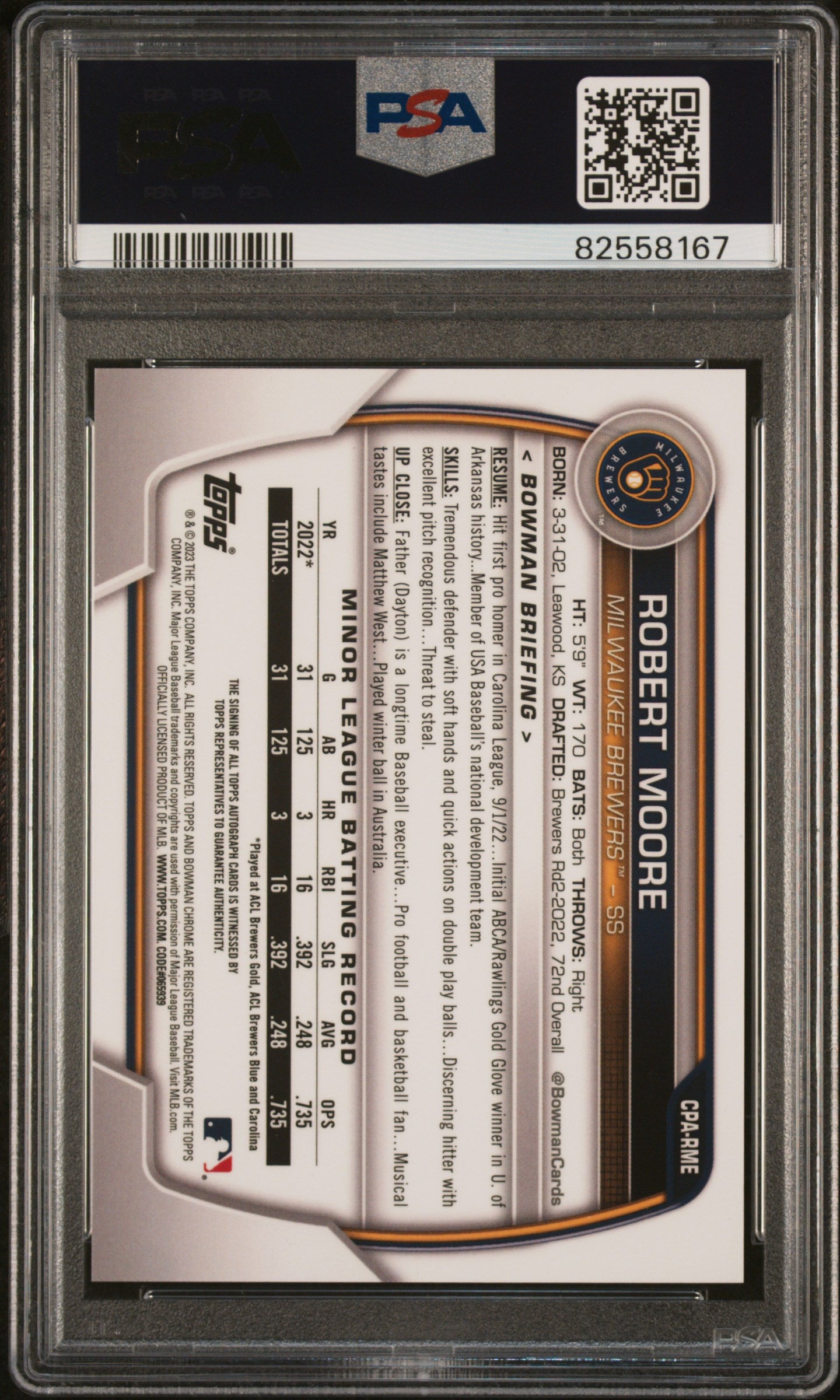 2023 Bowman Chrome Robert Moore 1st Prospect Auto PSA 10 RC