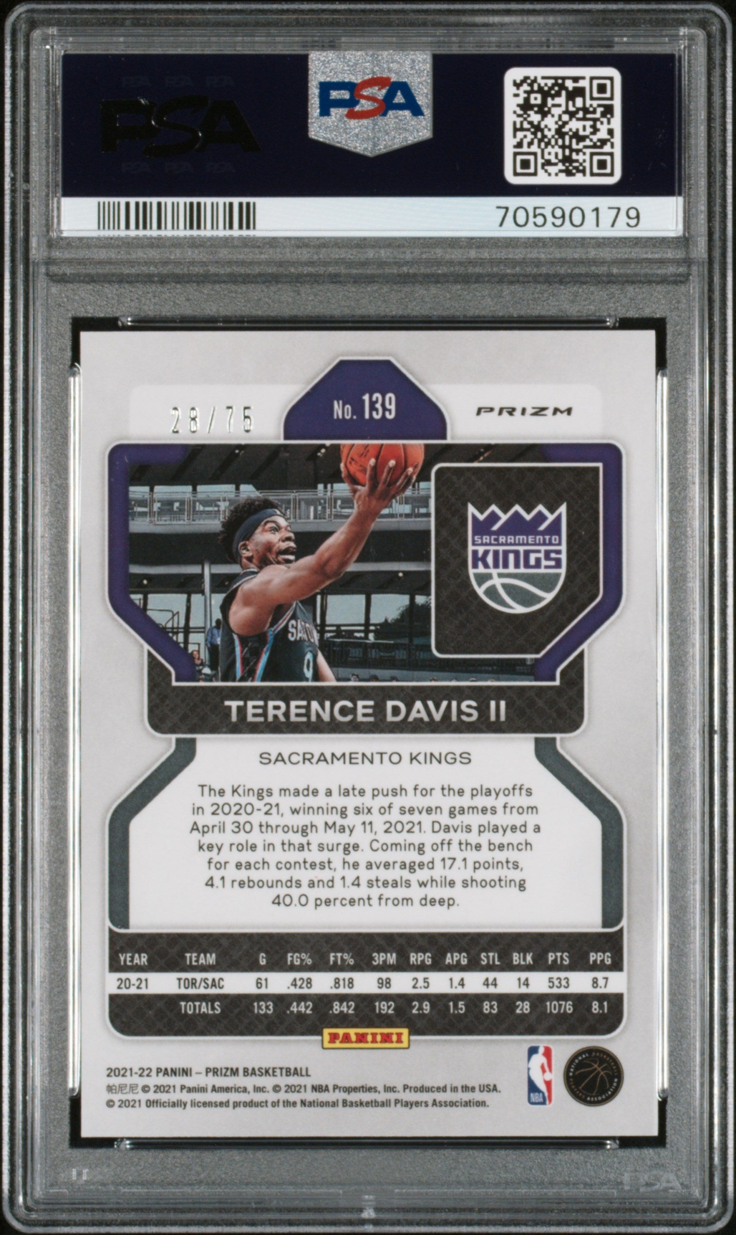 2021 Panini Prizm Terence Davis II #139 NBA 75th Diamond PSA 10