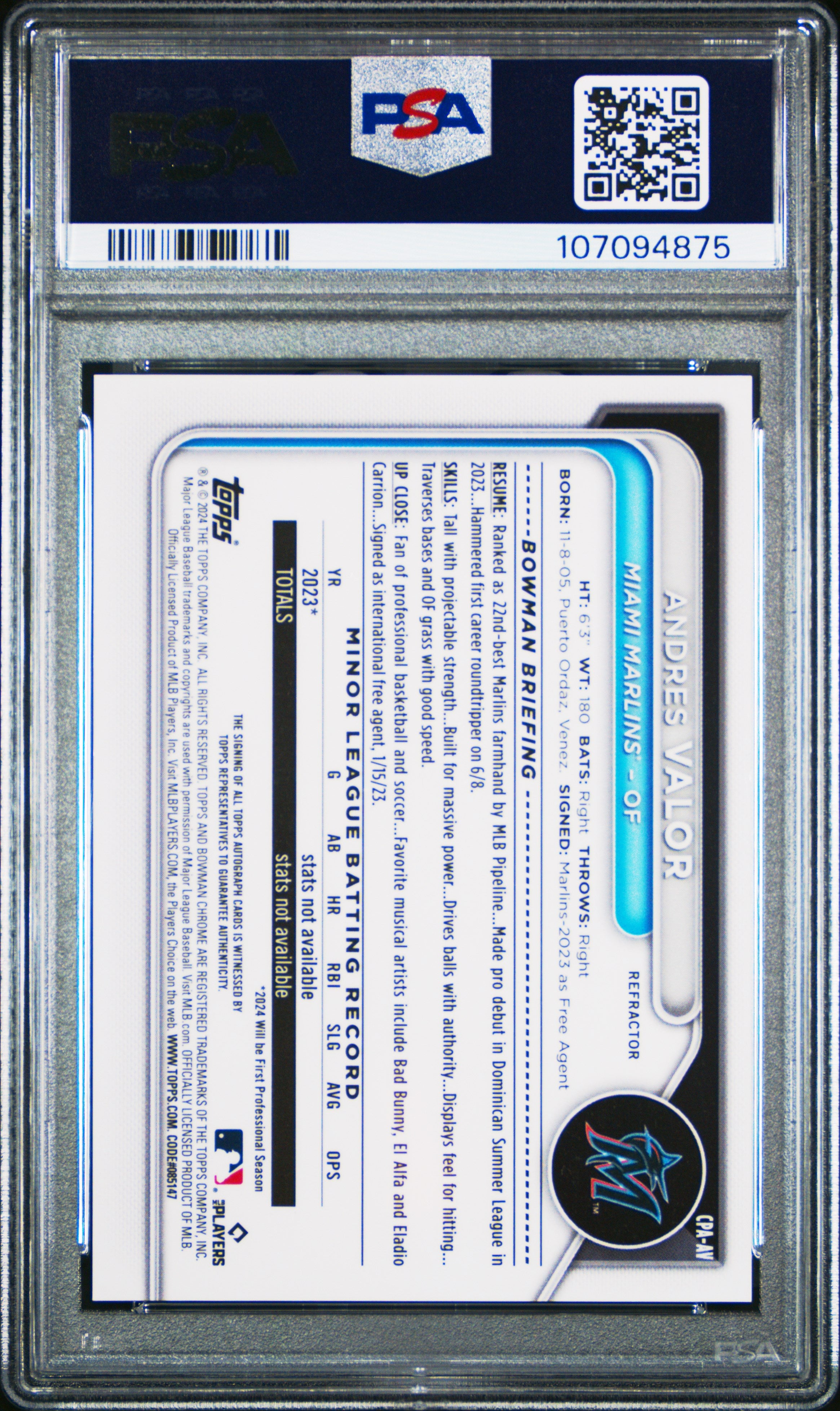 2024 Bowman Chrome Andres Valor 1st Prospect Auto Refractor /499 PSA 10 RC