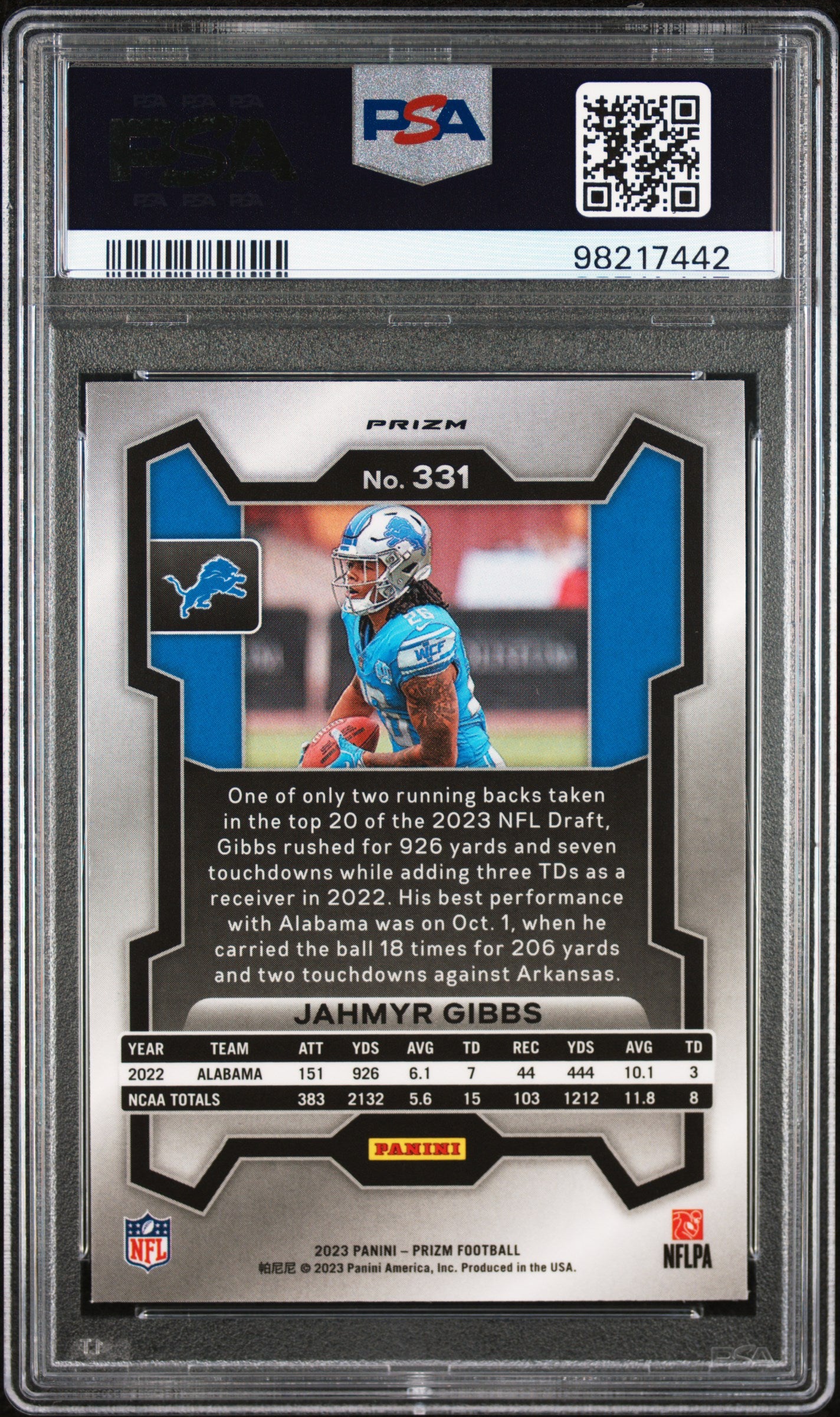 2023 Panini Prizm Jahmyr Gibbs #331 Silver PSA 9
