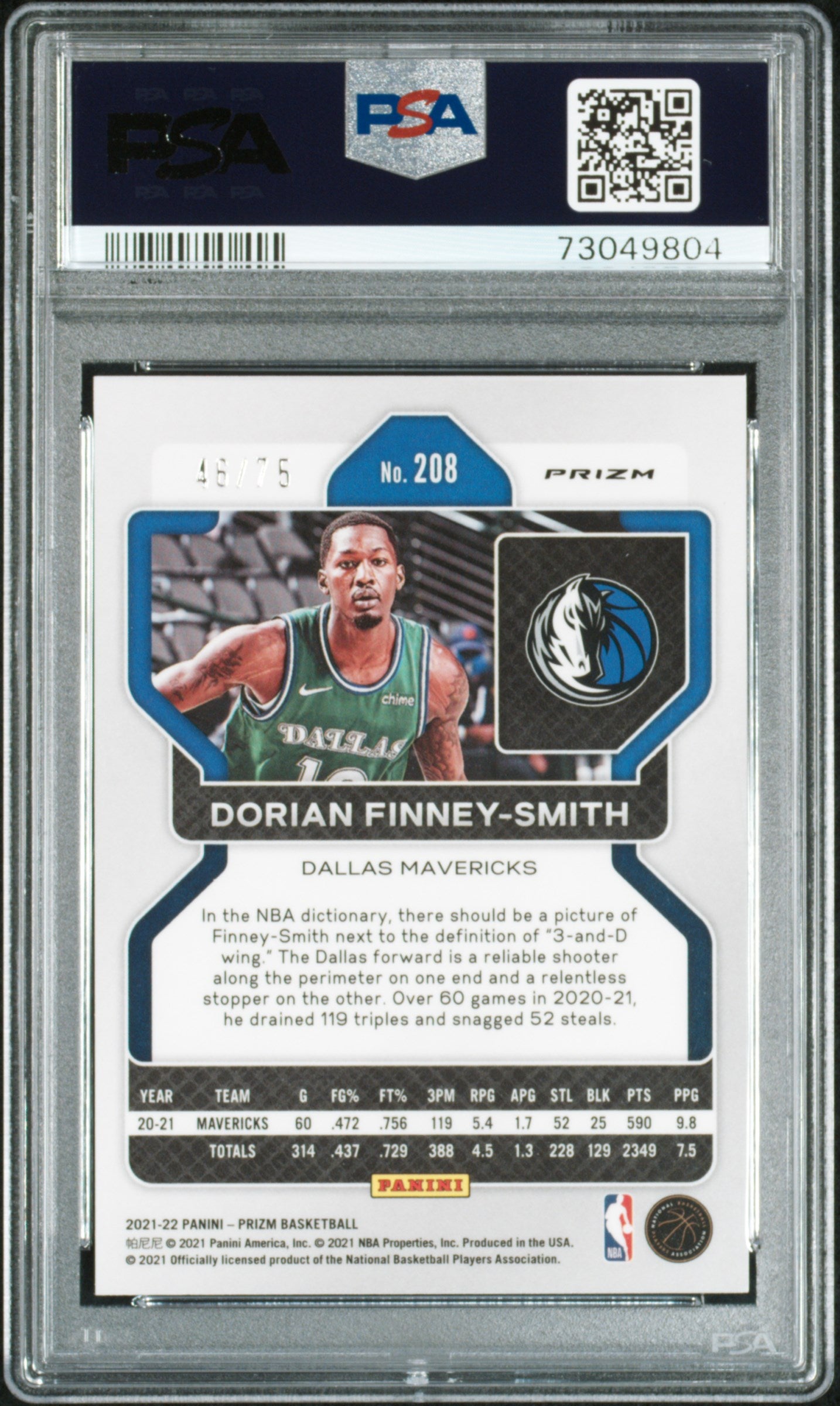 2021 Panini Prizm Dorian Finney-Smith #208 NBA 75th Diamond PSA 9