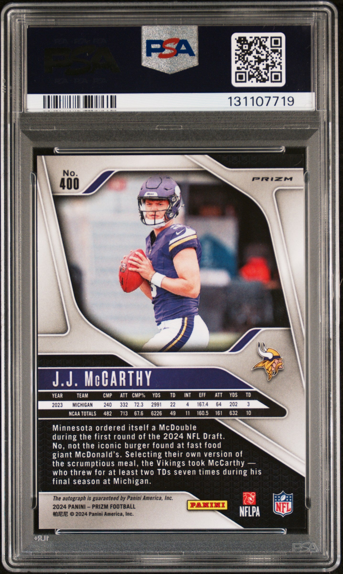 2024 Panini Prizm JJ Mccarthy #400 Autograph No Huddle PSA 9