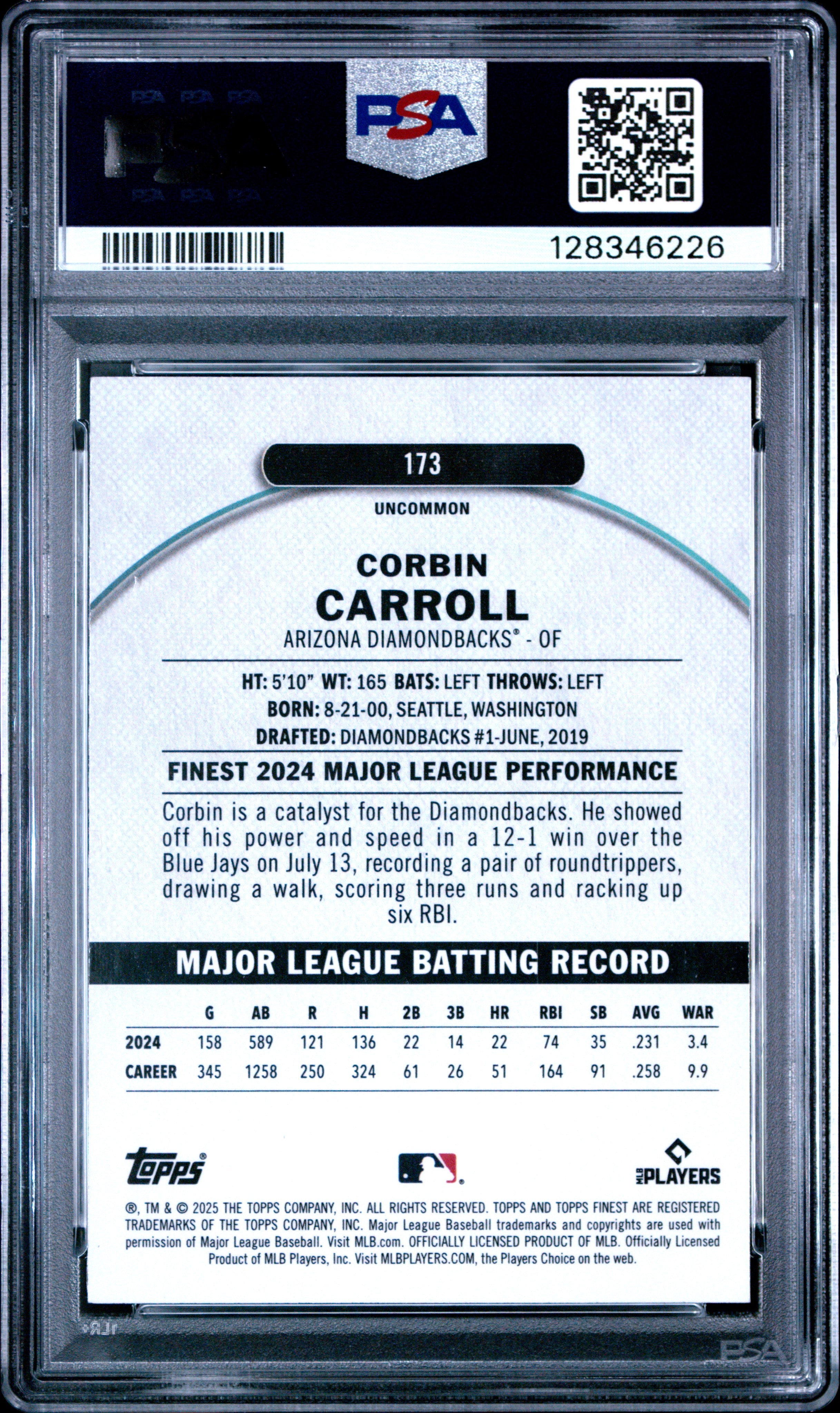 2025 Topps Finest Corbin Carroll #173 Sky Blue Refractor 096/250 PSA 8