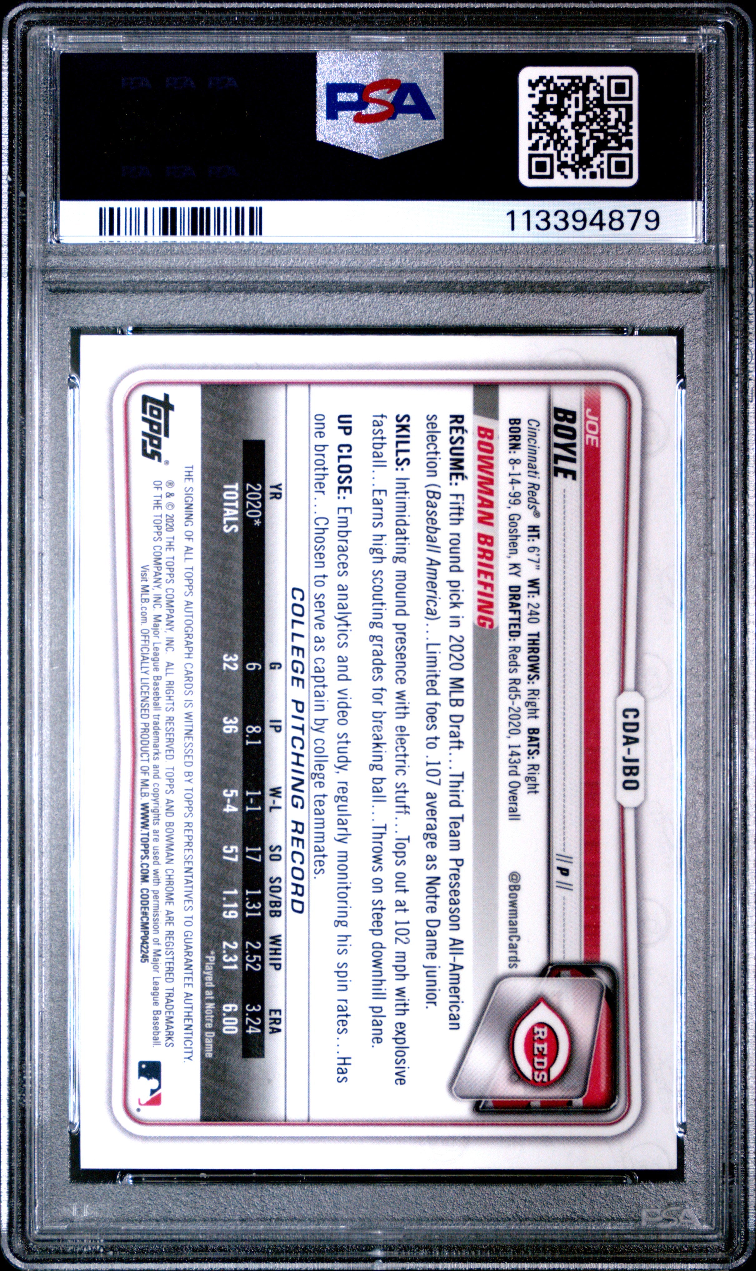 2020 Bowman Draft Joe Boyle 1st Chrome Auto Purple Refractor/250 PSA 10 RC