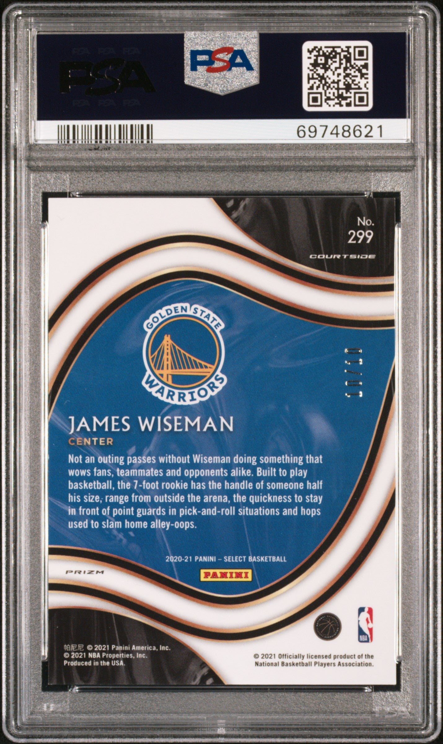 2020 Panini Select ROOKIE James Wiseman #299 Gold Disco Prizm /10 PSA 9 RC
