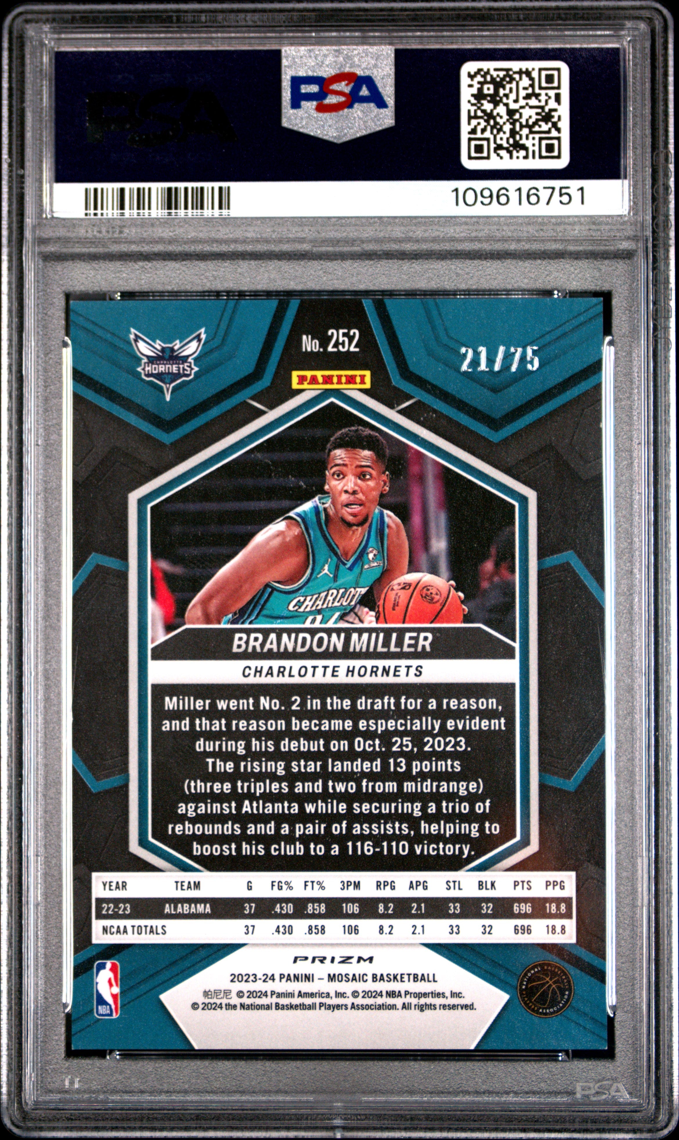 2023 Panini Mosaic Brandon Miller #252 Fusion Red & Yellow Choice PSA 9