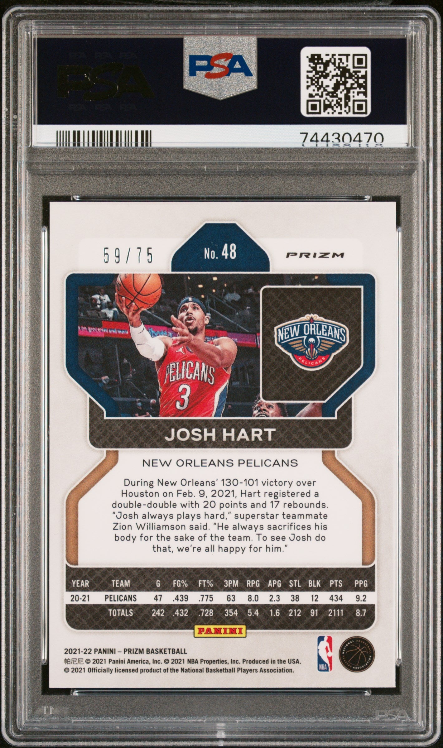 2021 Panini Prizm Josh Hart #48 NBA 75th Diamond PSA 8