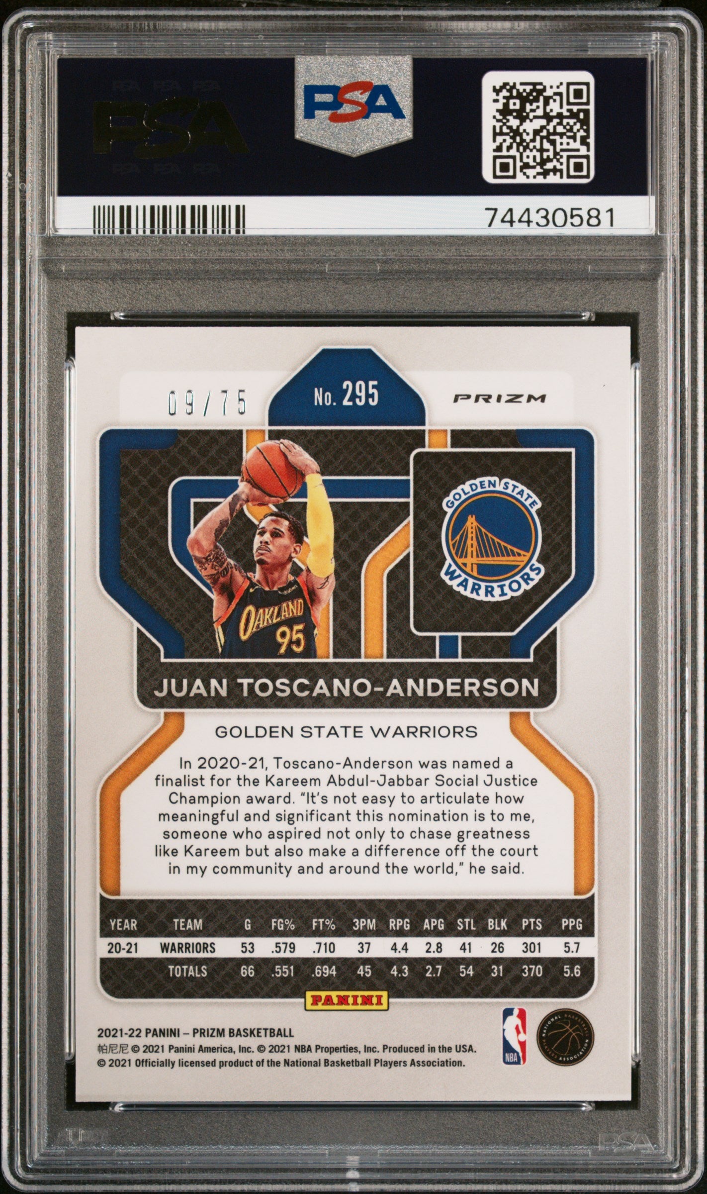 2021 Panini Prizm J. Toscano-Anderson #295 NBA 75th Diamond PSA 9