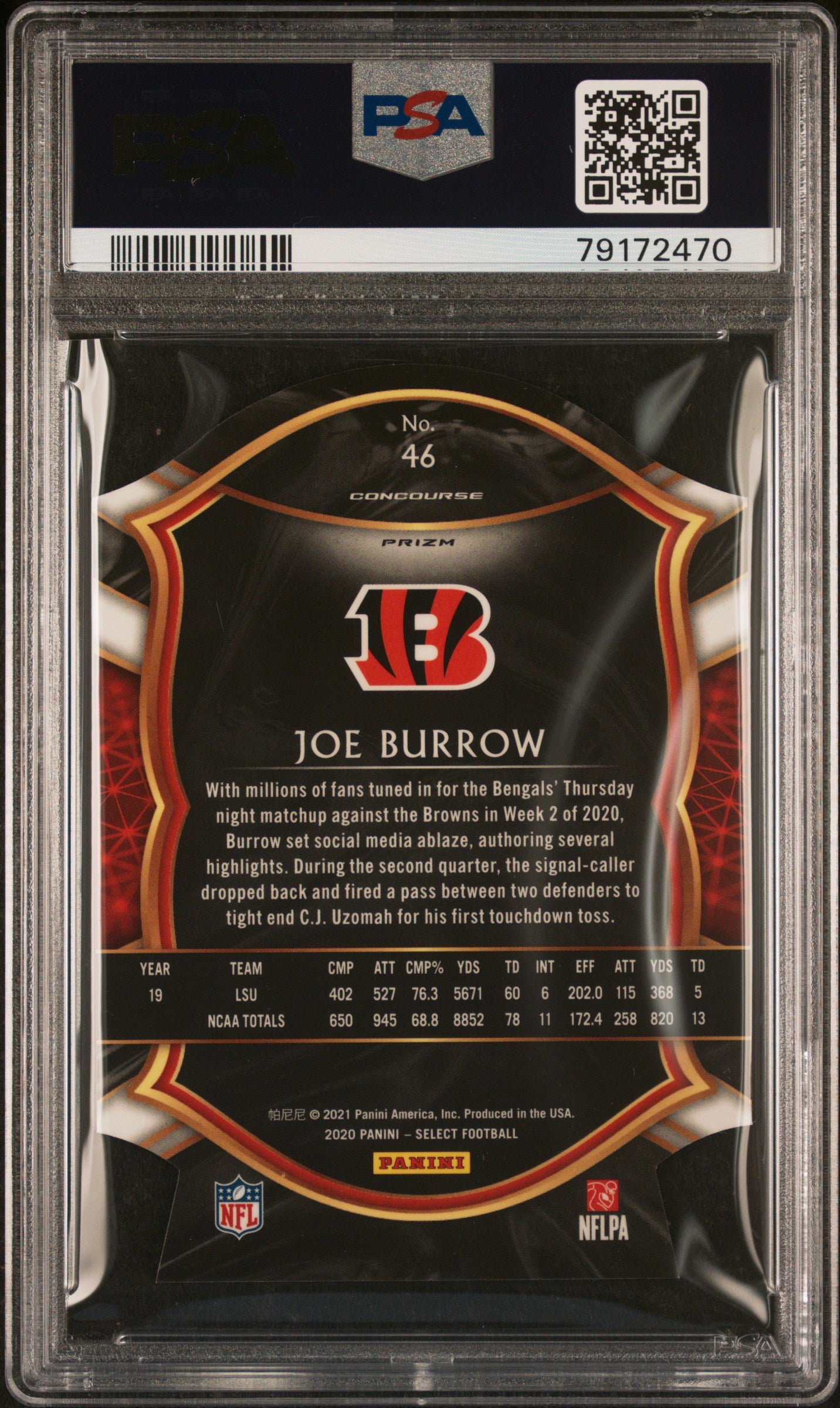 2020 SELECT JOE BURROW DIE-CUT ORANGE PRIZM RC