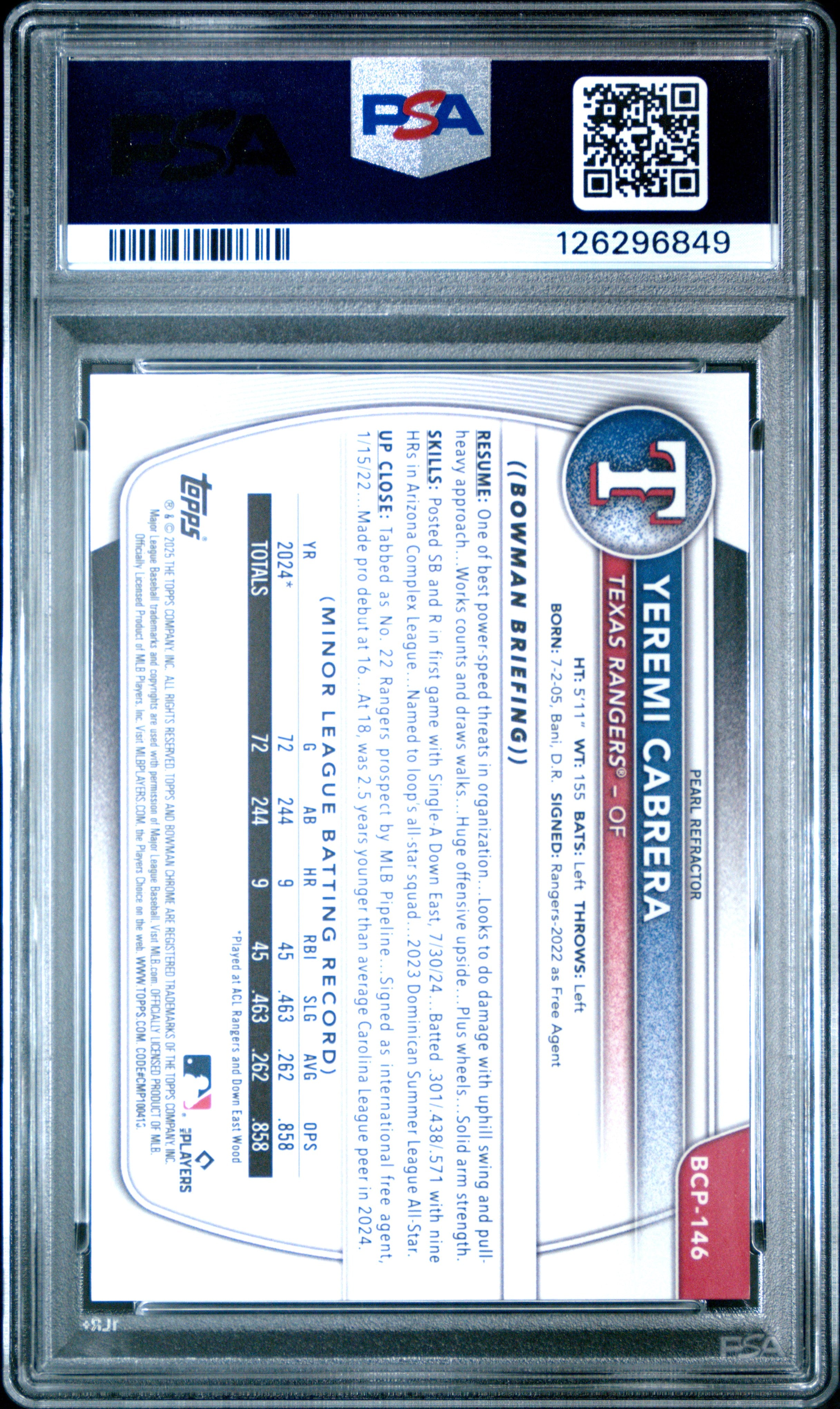 2025 BOWMAN CHROME 1ST YEREMI CABRERA PROSPECTS PEARL REFRACTOR