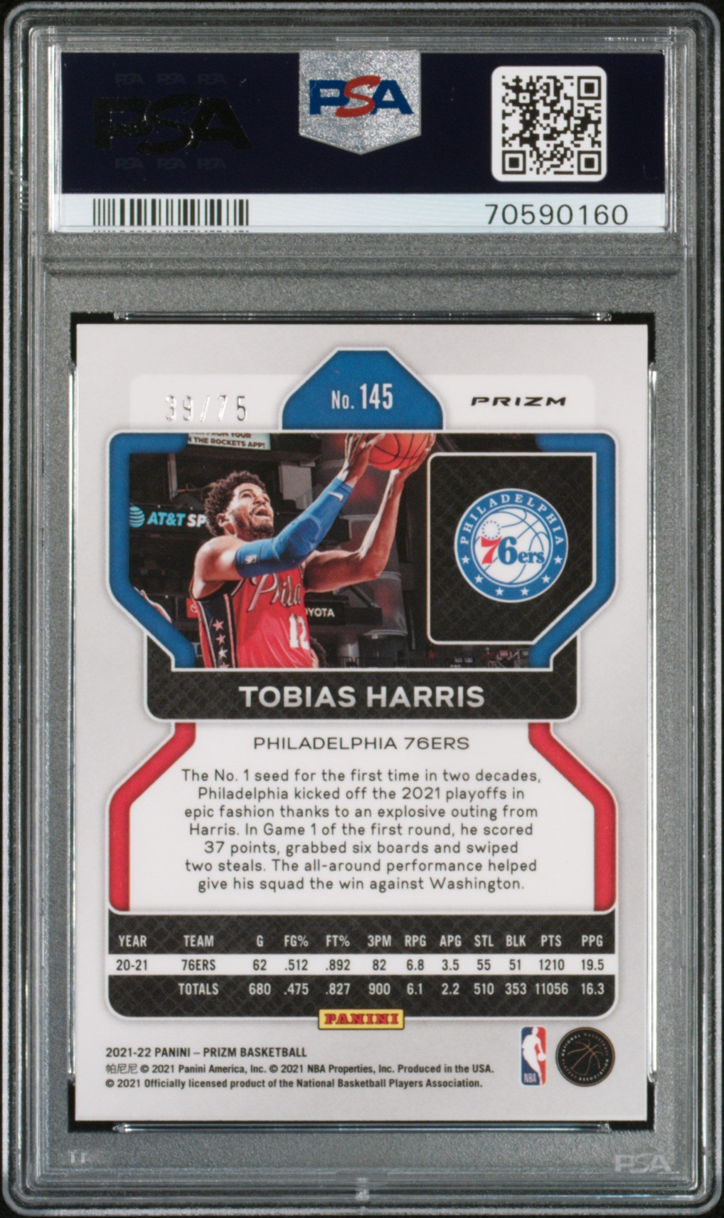 2021 Panini Prizm Tobias Harris #145 NBA 75th Diamond PSA 10