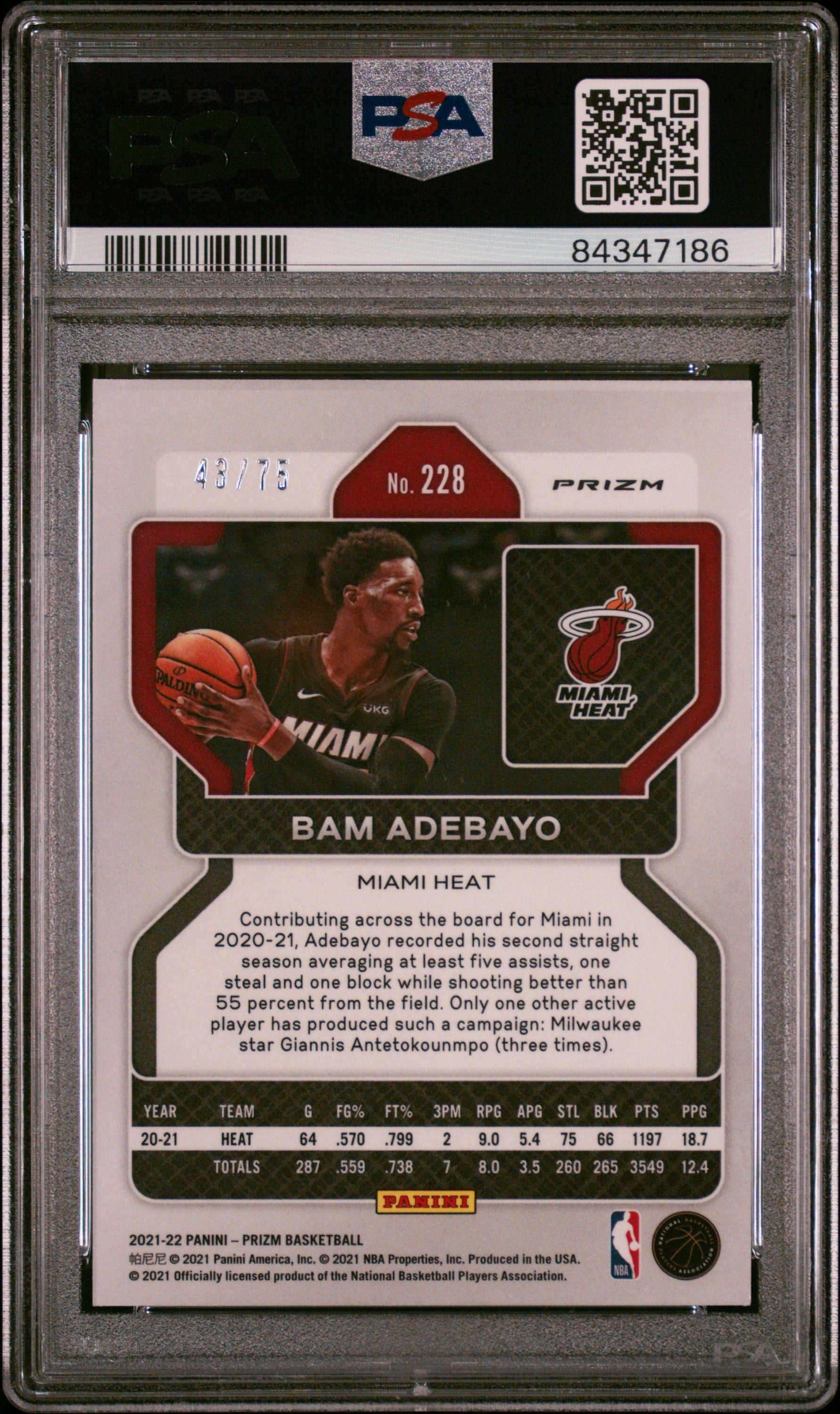 2021 Panini Prizm Bam Adebayo #228 NBA 75th Diamond PSA 8
