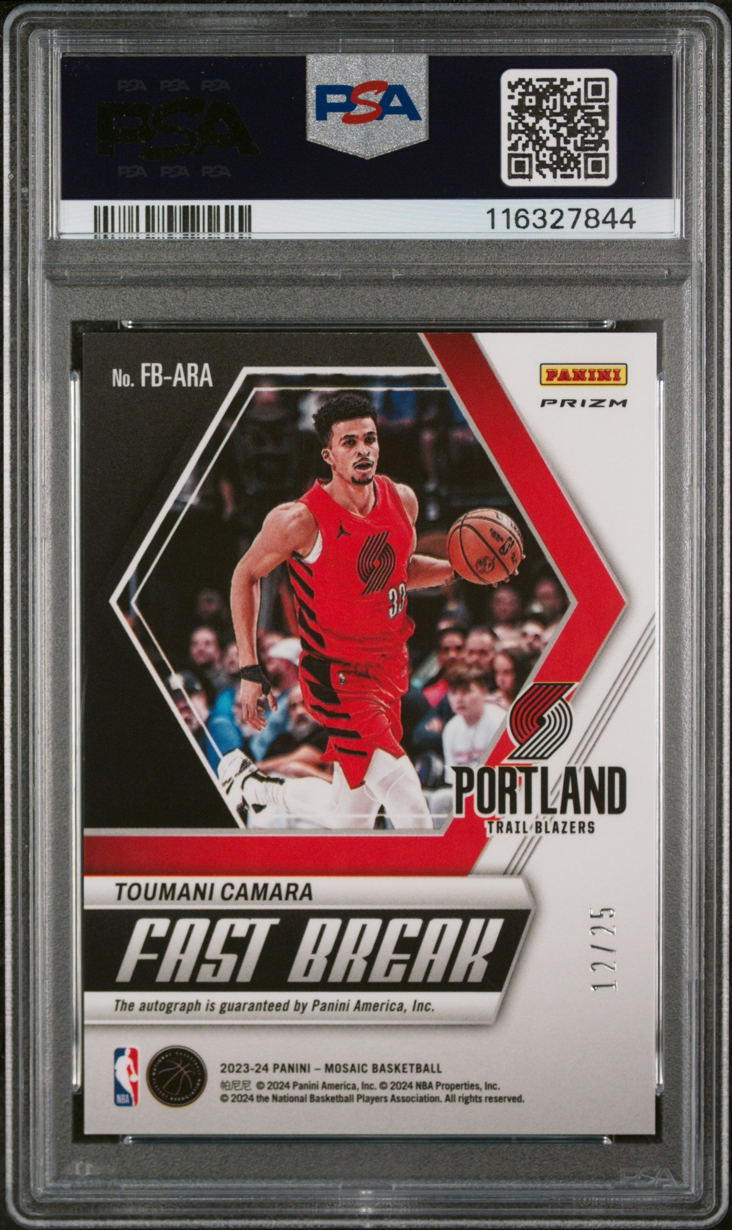 2023 Panini Mosaic Fast Break Autographs Toumani Camara Blue Prizm /25 RC PSA 9