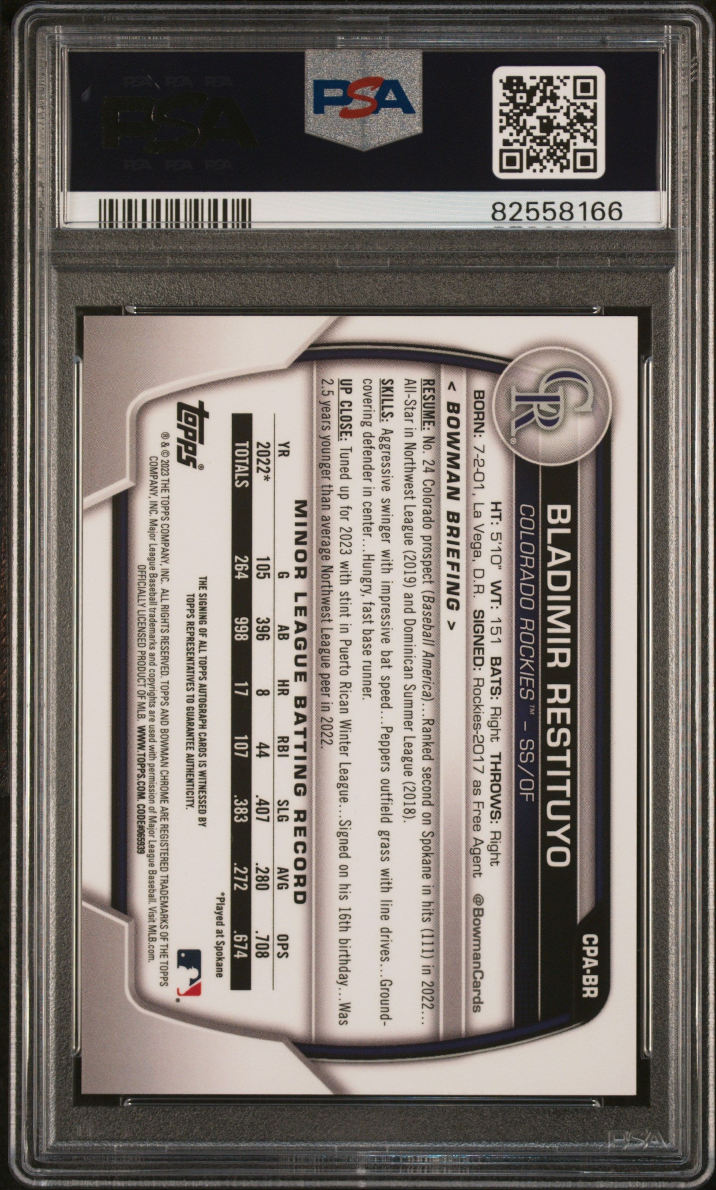 2023 Bowman Chrome Bladimir Restituyo 1st Prospect Auto PSA 10 RC