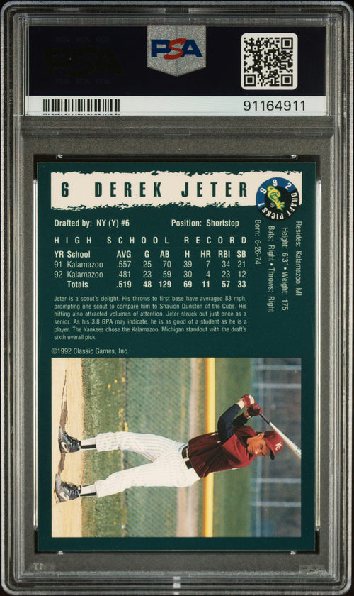 1992 Classic Draft Picks Derek Jeter #6 PSA 10