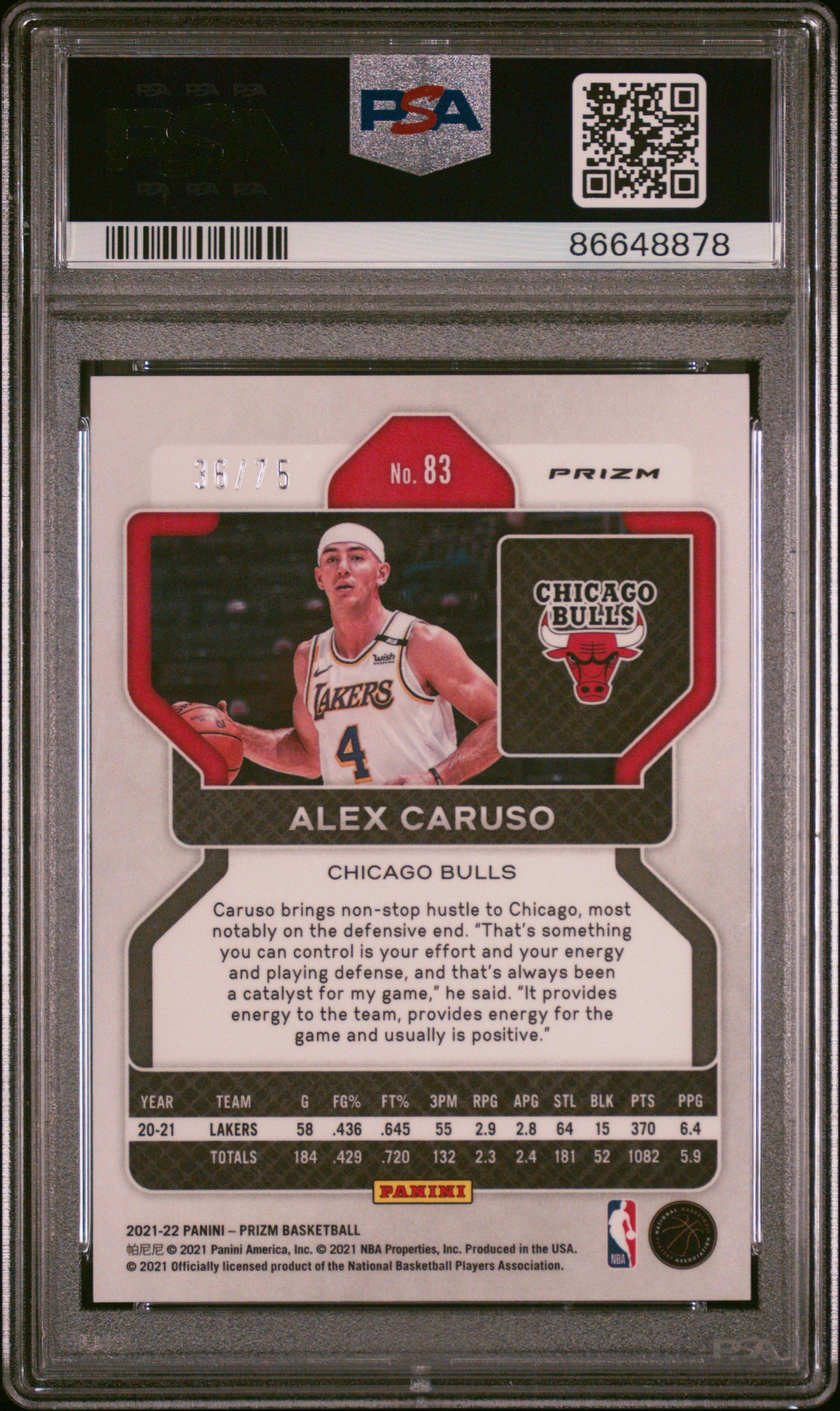 2021 Panini Prizm Alex Caruso #83 NBA 75th Diamond PSA 9