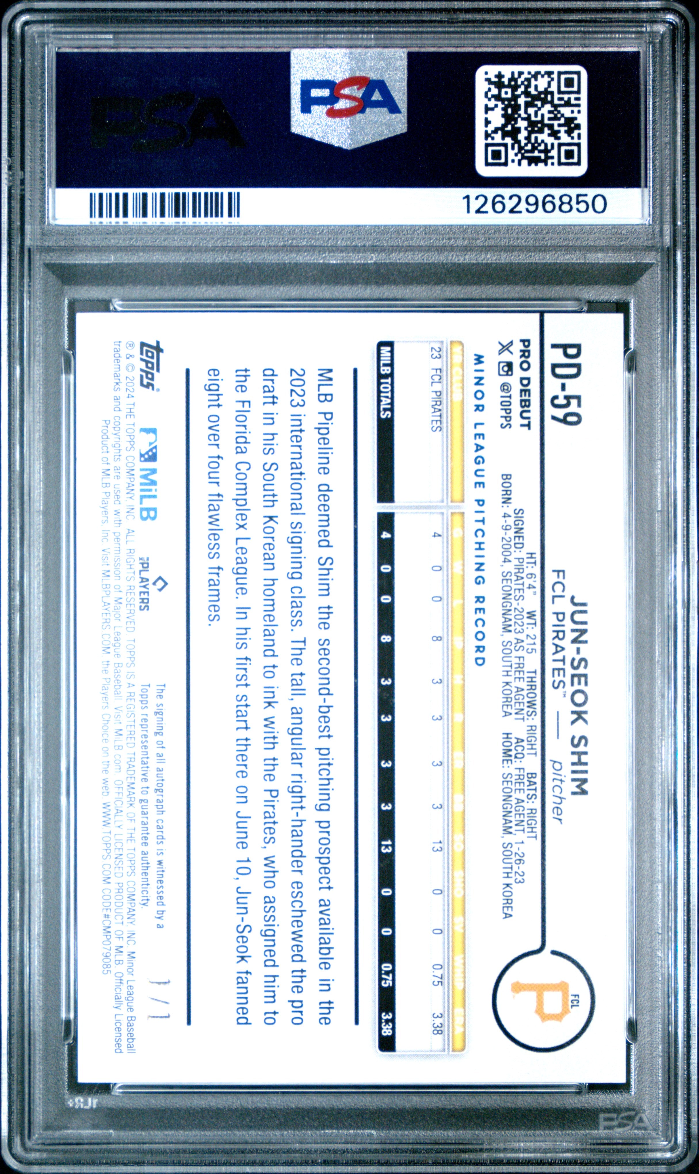 2024 TOPPS PRO DEBUT JUN-SEOK SHIM FOILFRACTOR AUTO 1/1