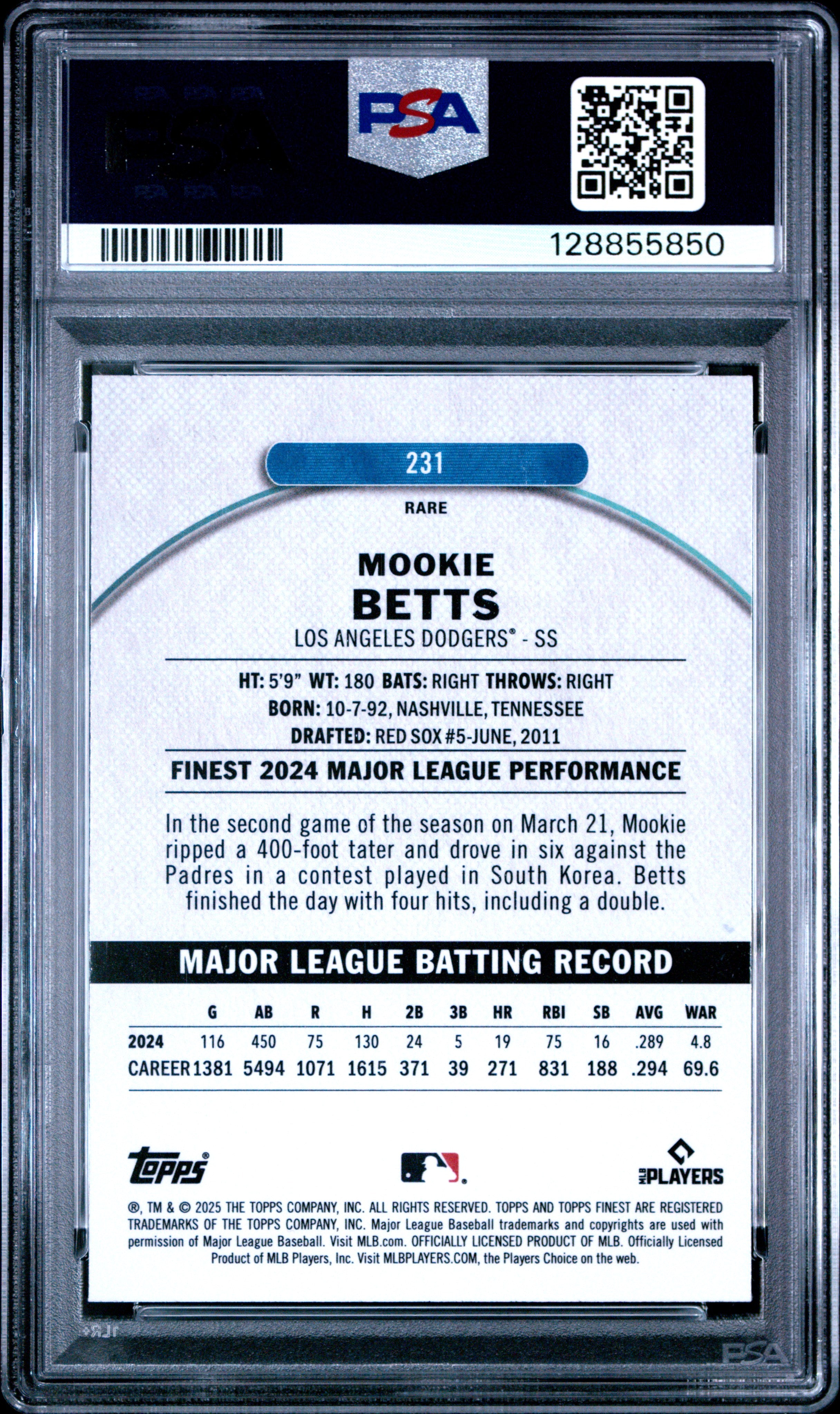2025 Topps Finest Mookie Betts #231 Sky Blue Refractor 058/150 PSA 9