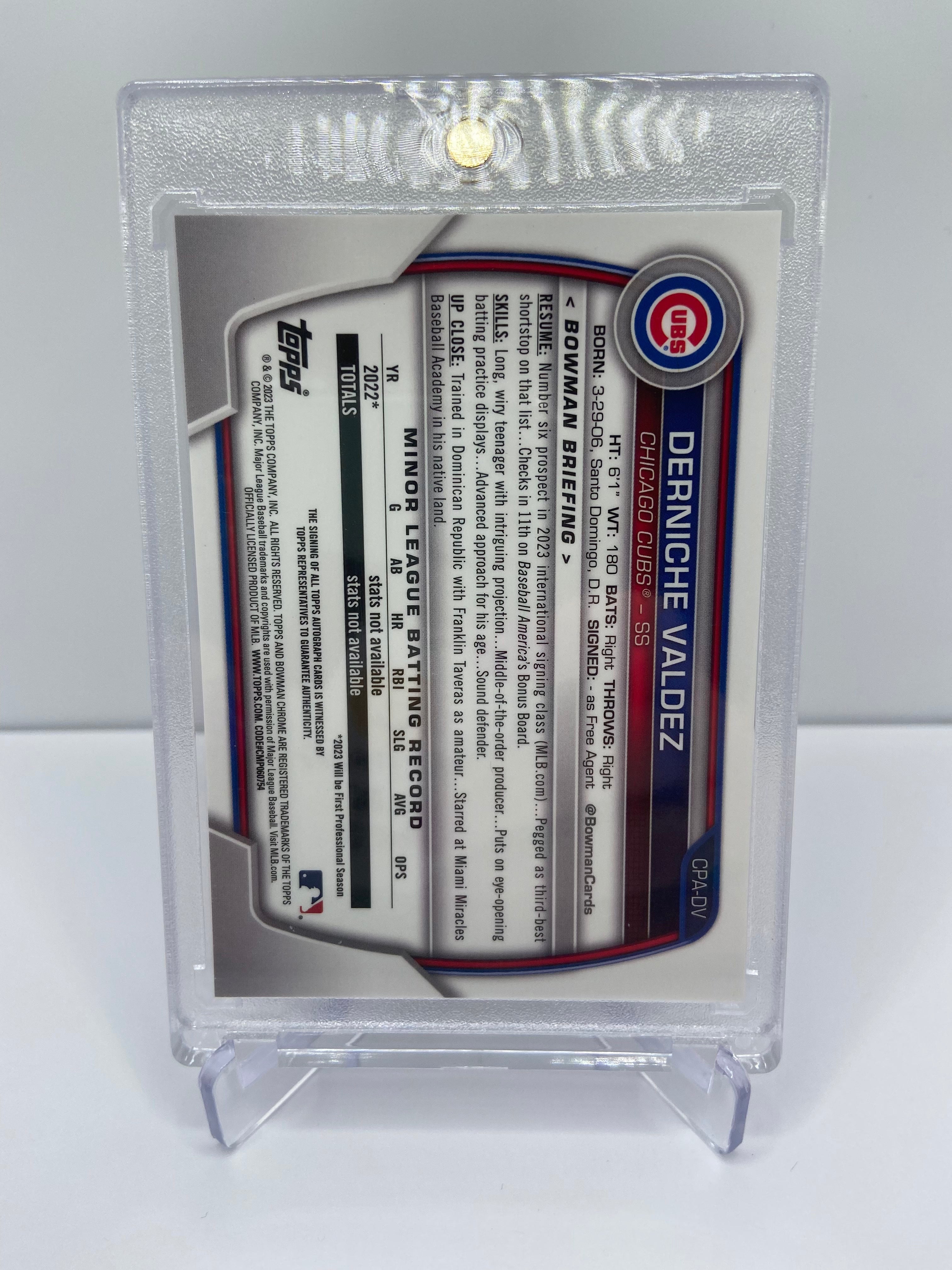 2023 BOWMAN DERNICHE VALDEZ GOLD REFRACTOR /50 1ST CHROME PROSPECT AUTO RC