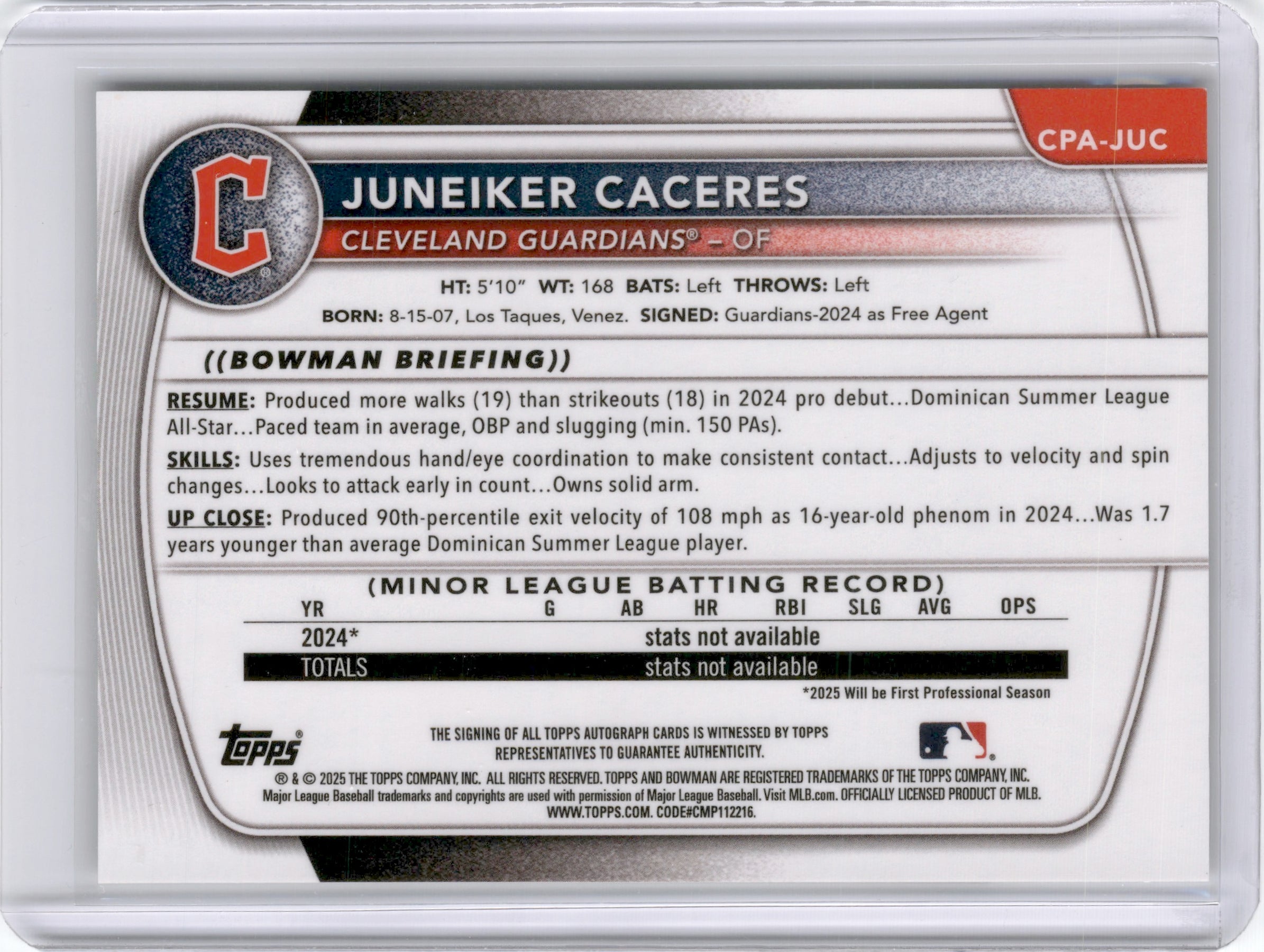 2025 BOWMAN CHROME JUNEIKER CACERES 1ST BOWMAN AUTOGRAPH