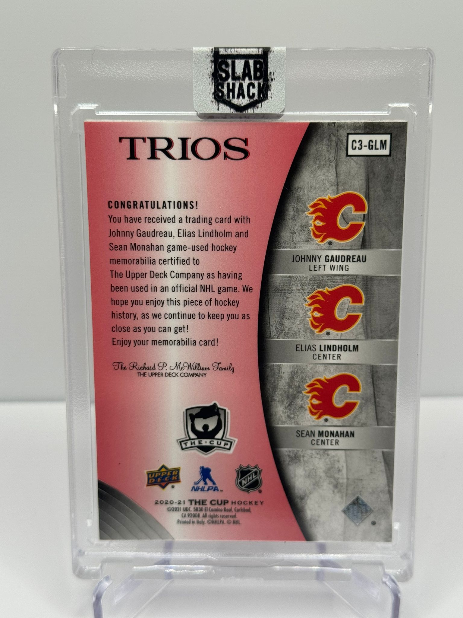 2020 UPPER DECK THE CUP JOHNNY GAUDREAU LINDHOLM MONAHAN RED TRIOS LAUNDRY /2