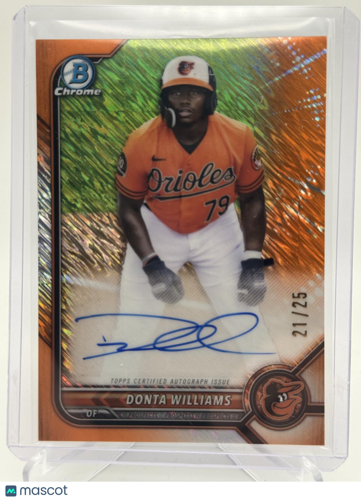 2022 BOWMAN CHROME DONTA WILLIAMS CHROME PROSPECT AUTO ORANGE SHIMMER /25 RC