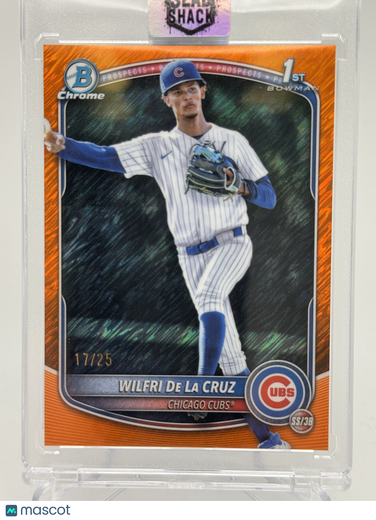 2025 BOWMAN CHROME WILFRI DE LA CRUZ 1ST PROSPECT ORANGE SHIMMER REF. /25 RC