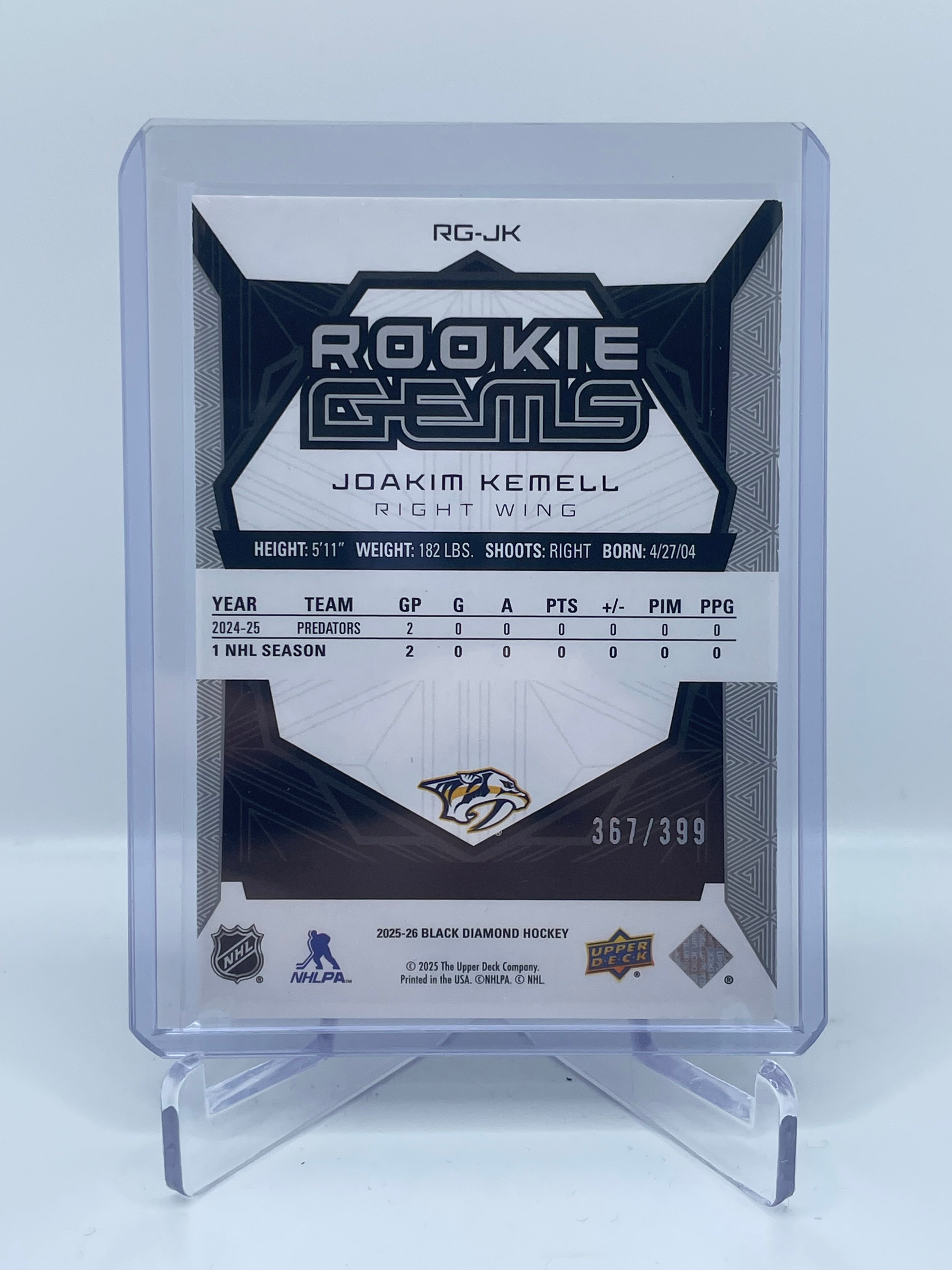 2025 UPPER DECK BLACK DIAMOND JOAKIM KEMELL ROOKIE GEMS /399 RC