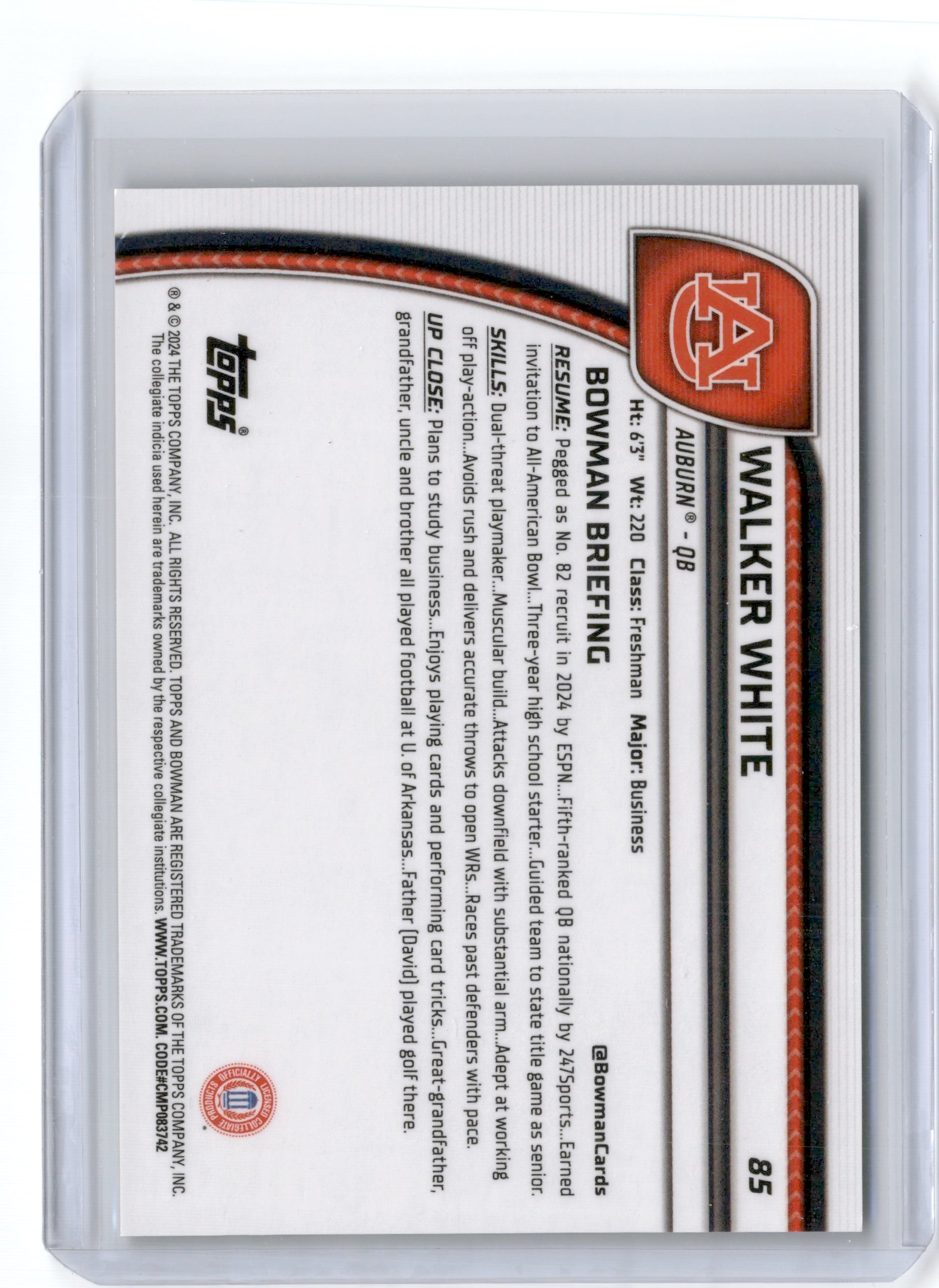 2024 BOWMAN CHROME UNIVERSITY WALKER WHITE 1ST PROSPECT PURPLE REFRACTOR /399