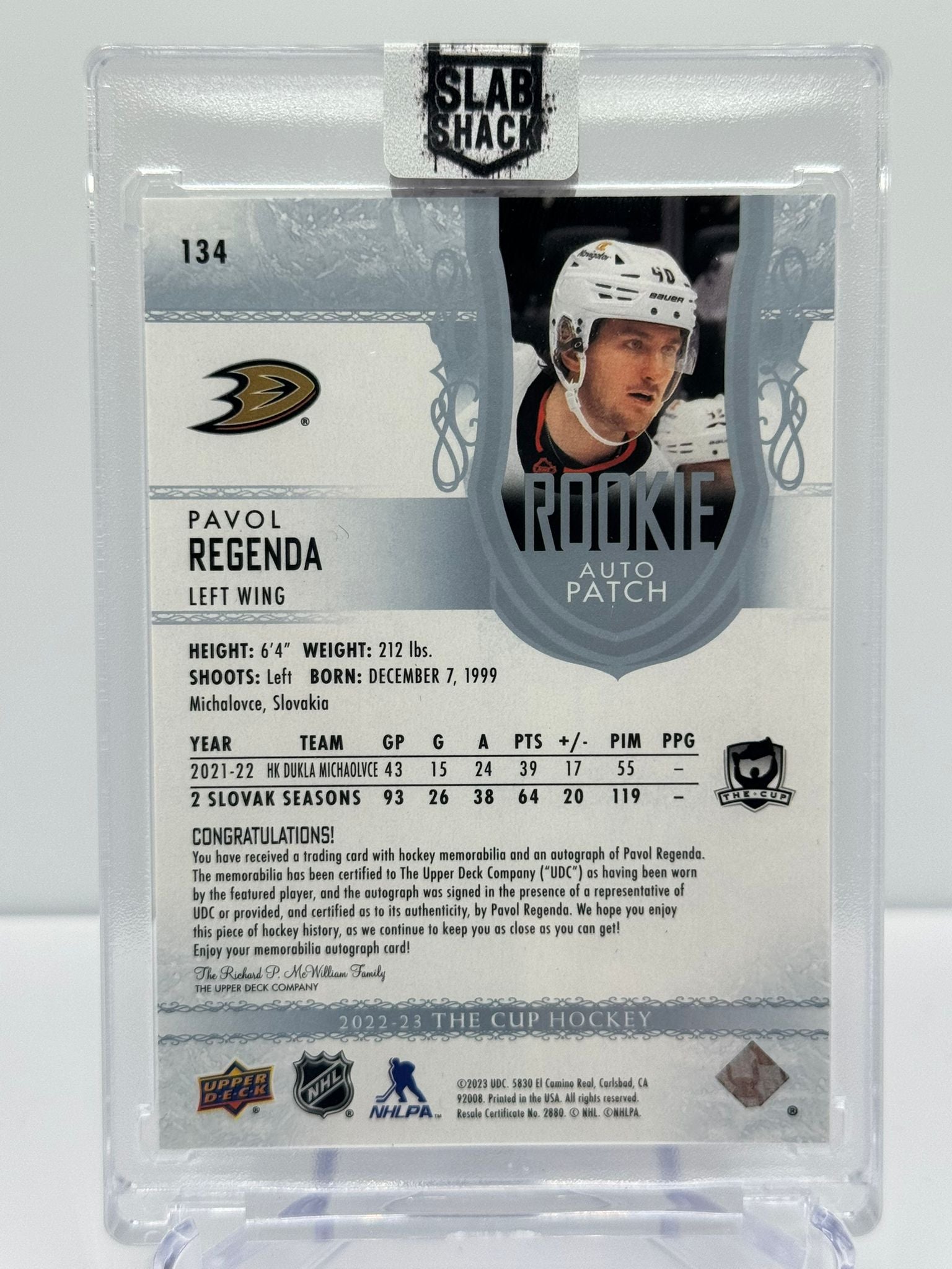 2022 UPPER DECK THE CUP PAVOL REGENDA ROOKIE PATCH AUTO /249 RPA RC