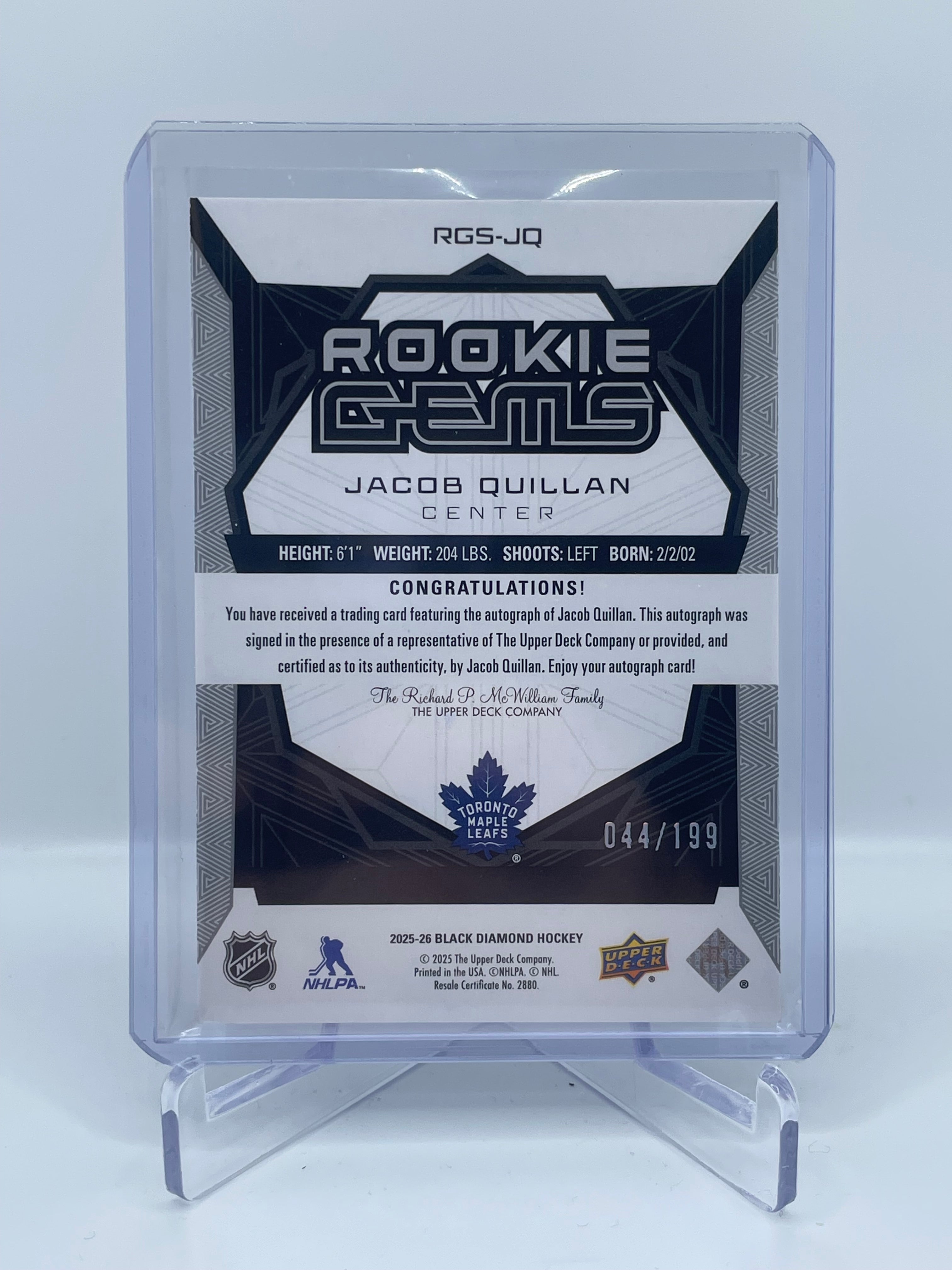 2025 UPPER DECK BLACK DIAMOND JACOB QUILLAN ROOKIE GEMS AUTO /199 RC