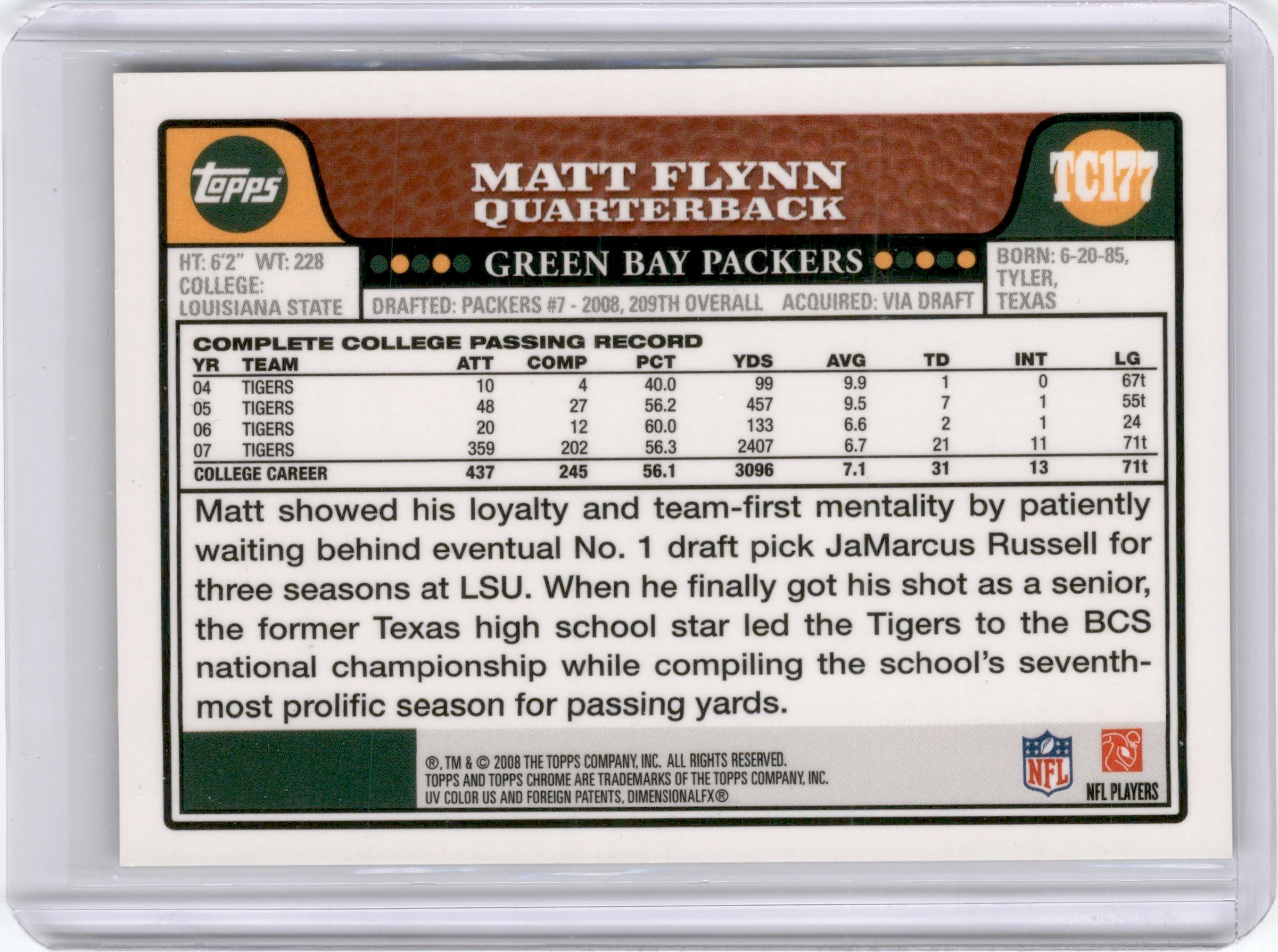 2008 Topps Chrome Matt Flynn Rookie Autograph