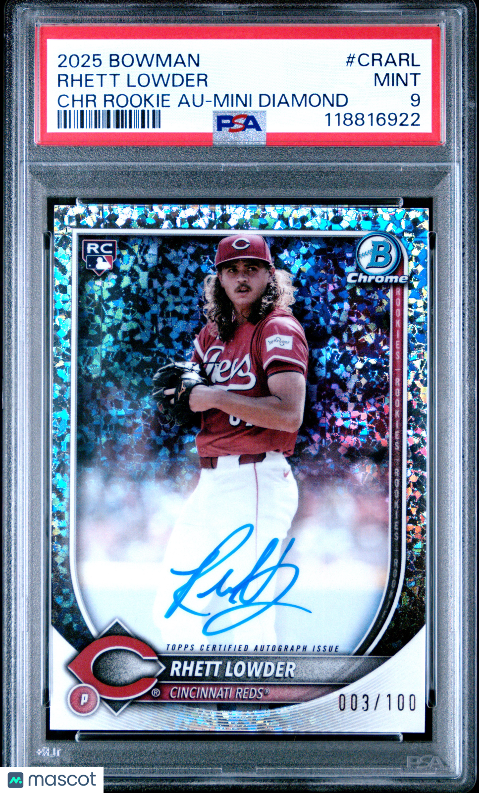 2025 Bowman Rhett Lowder Chrome Rookie RC Auto Mini Diamond Refractor /100 PSA 9